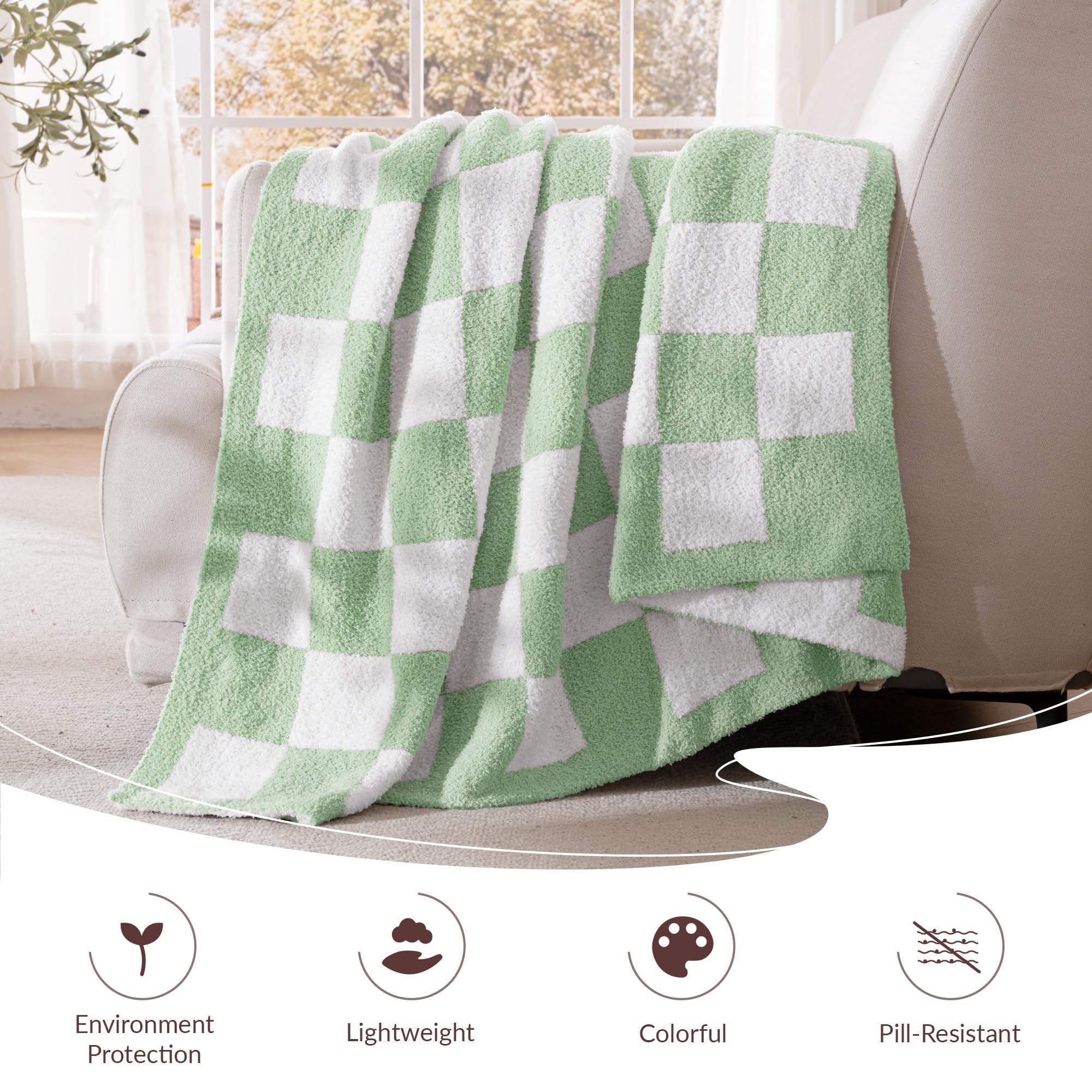 Exclusivo Mezcla Plaid Couverture Tricotée, 220 x 240 CM, Carreaux Sauge | Jeté polaire de lit, canapé, vayage, respirant, moelleux, doux, léger, polyester, confortable en toutes saisons, à carreaux