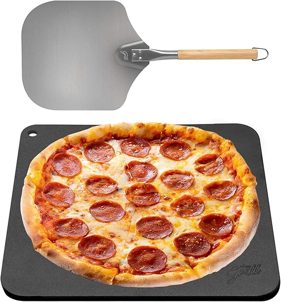 Pizza Steel PRO by Hans Grill | XL 1/4 Thick Square Conductive Metal Baking Steel for Oven and BBQ Cooking Pizzas | Bake and Grill Bread and Calzone with our Cast Iron Pizza Stone | Cast Iron Pizza Stone, Conductive Metal, Easy to Clean Surface, 13 x 13 inches, Includes Beechwood Handle Metal Pizza Peel