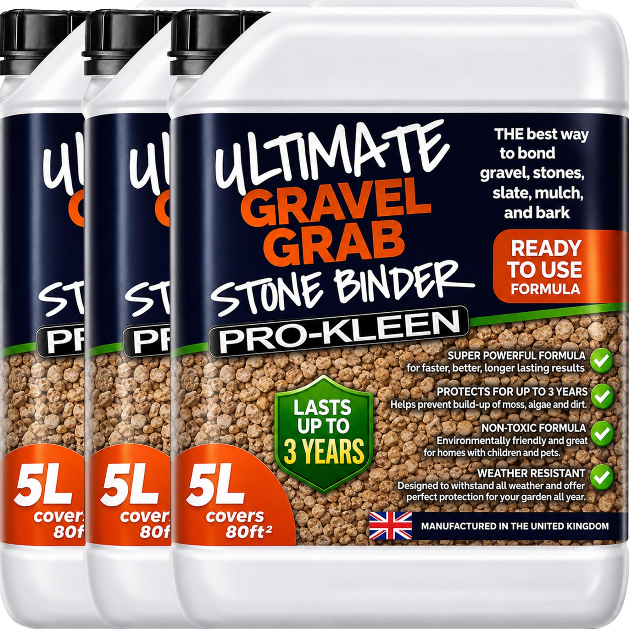 Pro-Kleen Ultimate Gravel Grab 15L (Covers 240 ft2) - Stone Glue Binder Fixing Spray - For Gravel, Slate, Bark & More - Protects for up to 3 Years - Non Toxic, Weather Resistant & Porous Formula