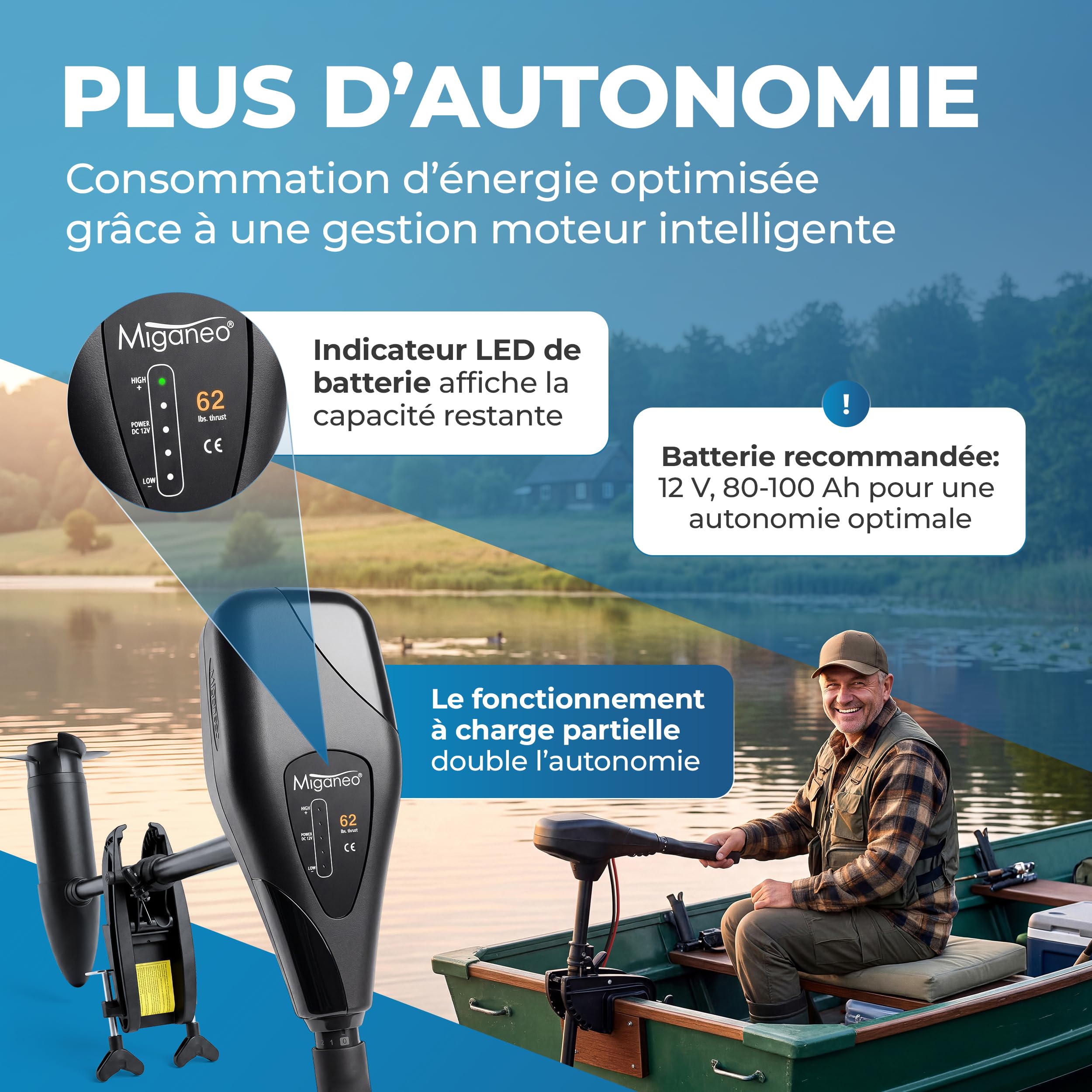Miganeo Moteur Électrique Bateau TRS 62 lbs – Moteur Hors-Bord 696W 12V – Adapté Eau Salée avec Indicateur LED – pour Bateaux Pneumatiques – 5 Vitesses Avant & 3 Arrière