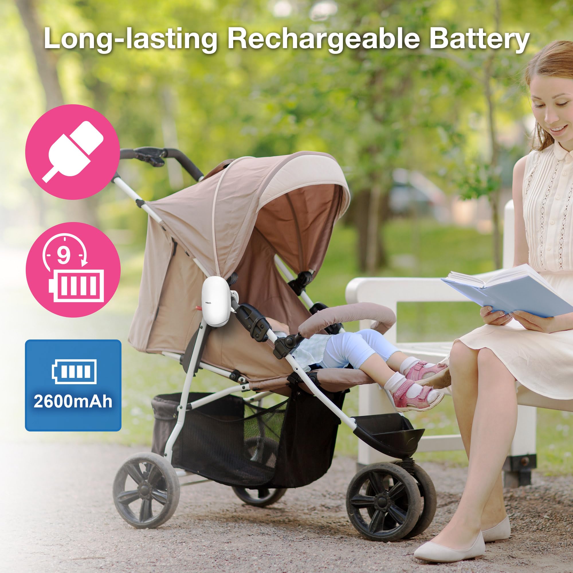 VTech Cochecito de bebé con luz nocturna ámbar, canciones dulces, sonidos relajantes, batería recargable de larga duración, USB-C, chupete portátil, movimientos de balanceo ajustables y volumen