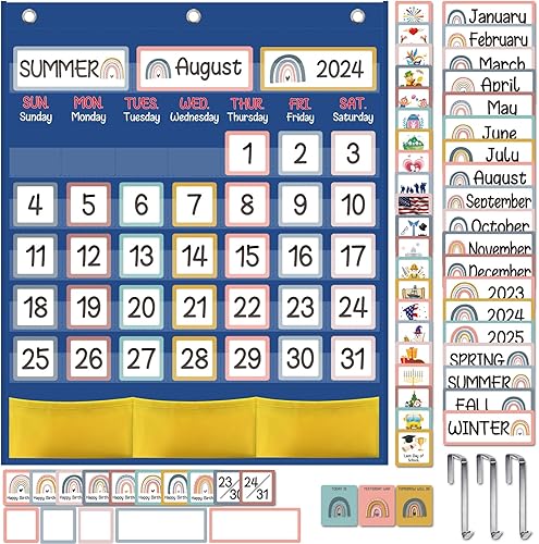 Calendario mensual azul con 89 tarjetas para estudiantes, niños, aula, suministros escolares en casa (tema arcoíris)