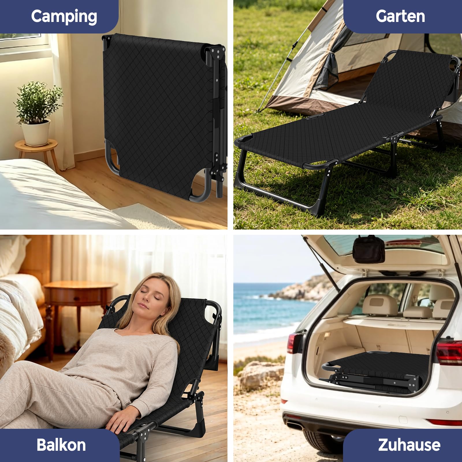 Campingbett Klappbar mit Matratze&Nackenkissen, 190x75x30cm bis 200KG, Tragbar Feldbett mit Groß Seitentasche, Sonnenliege Outdoor&Indoor, Gästebett Faltbar Oxford-Gewebe, Tragetasche, Schwarz
