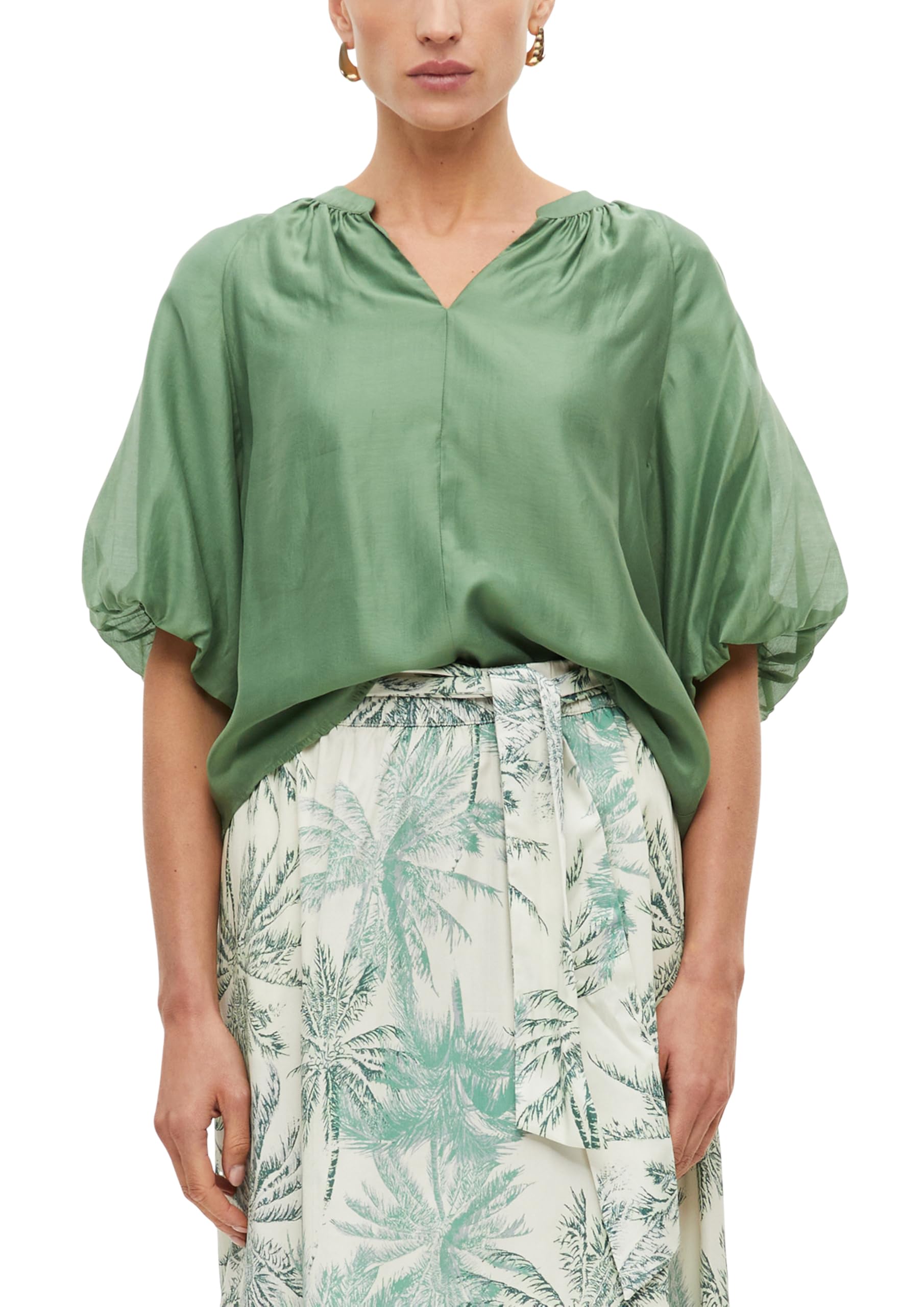 s.Oliver Women's 2179096 Blouse with Puff Sleeves (Pack of 1), Green, 18