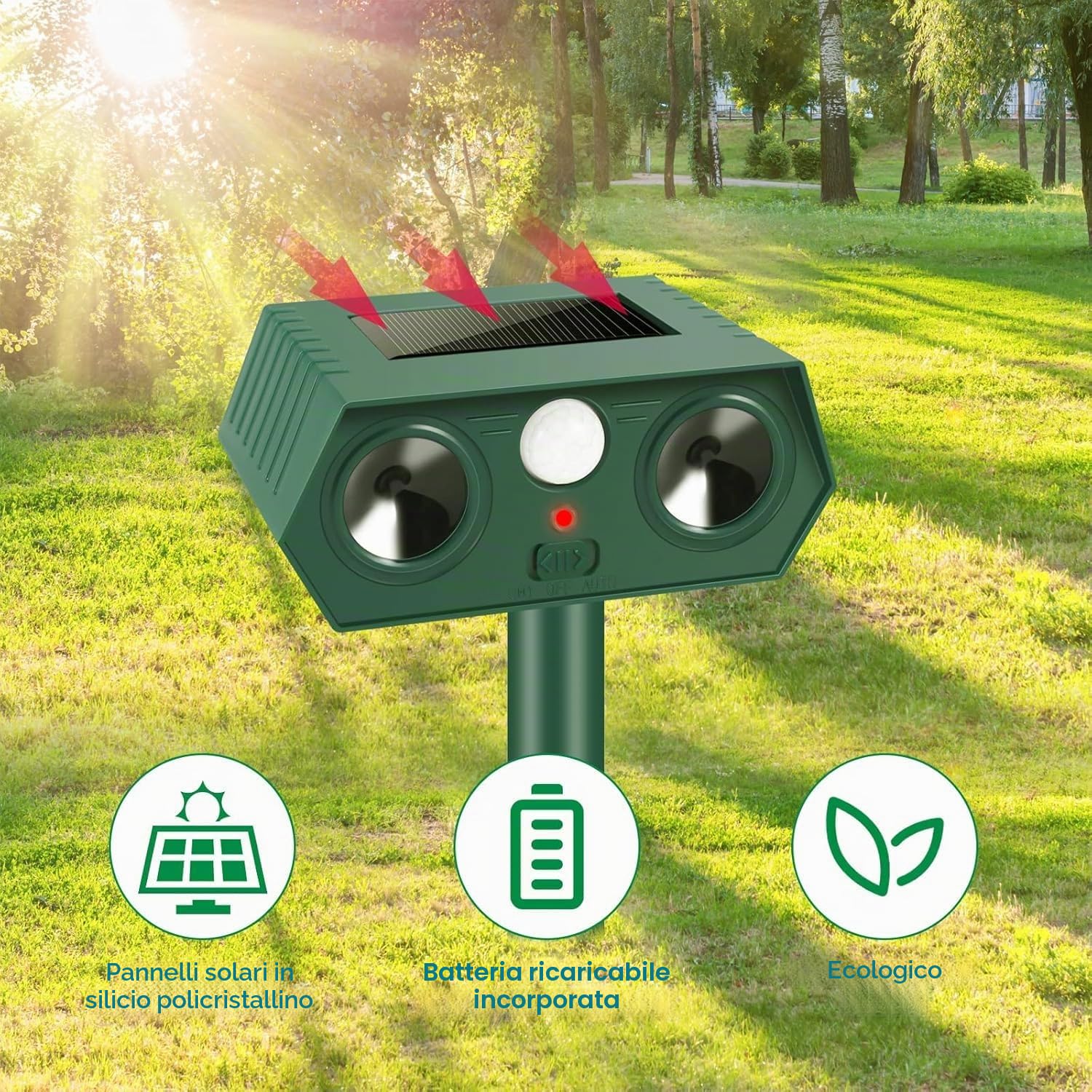 2 Pezzi Repellente per Gatti,Ultrasonico Solare Alimentato Animale Deterrente, Impermeabile,Deterrente per uccelli,Dissuasori per Piccioni,Efficace Contro Gatti, Cani, Uccelli, Martore, Volpi, Ratt