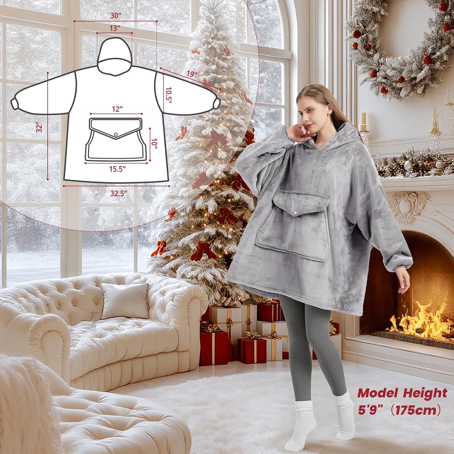 YUGYVOB Blanket Hoodie Oversized Sherpa, Wearable Blanket Warm & Cozy, Sweatshirt with Gaint Pocket, Gifts for Women, Men - Image 5