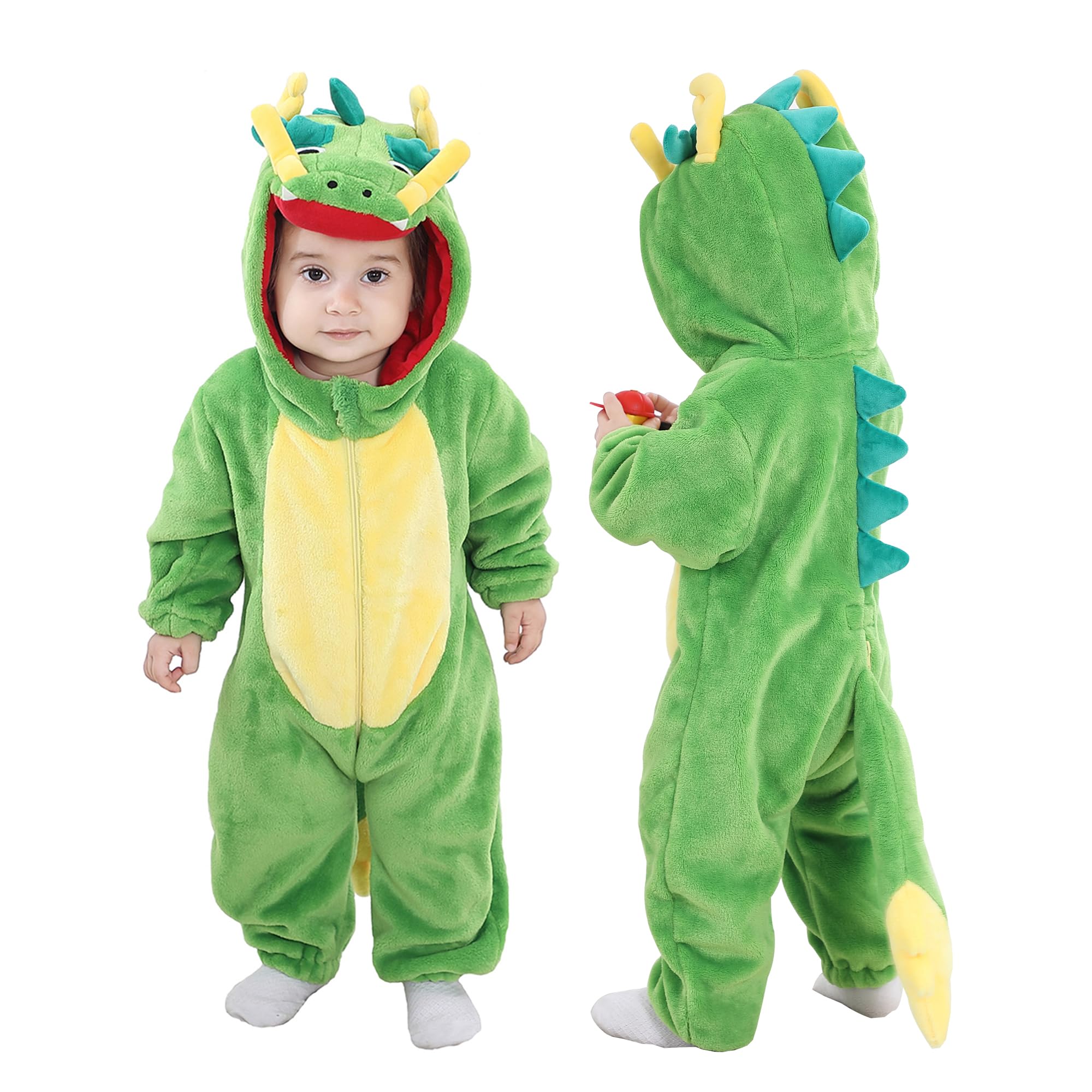 Doladola Unisex Infant Dragon Baby Hooded Cartoon Animal Romper Toddler's Jumpsuit Baby's Outfit Infant's Pajama(6-12 Months,)