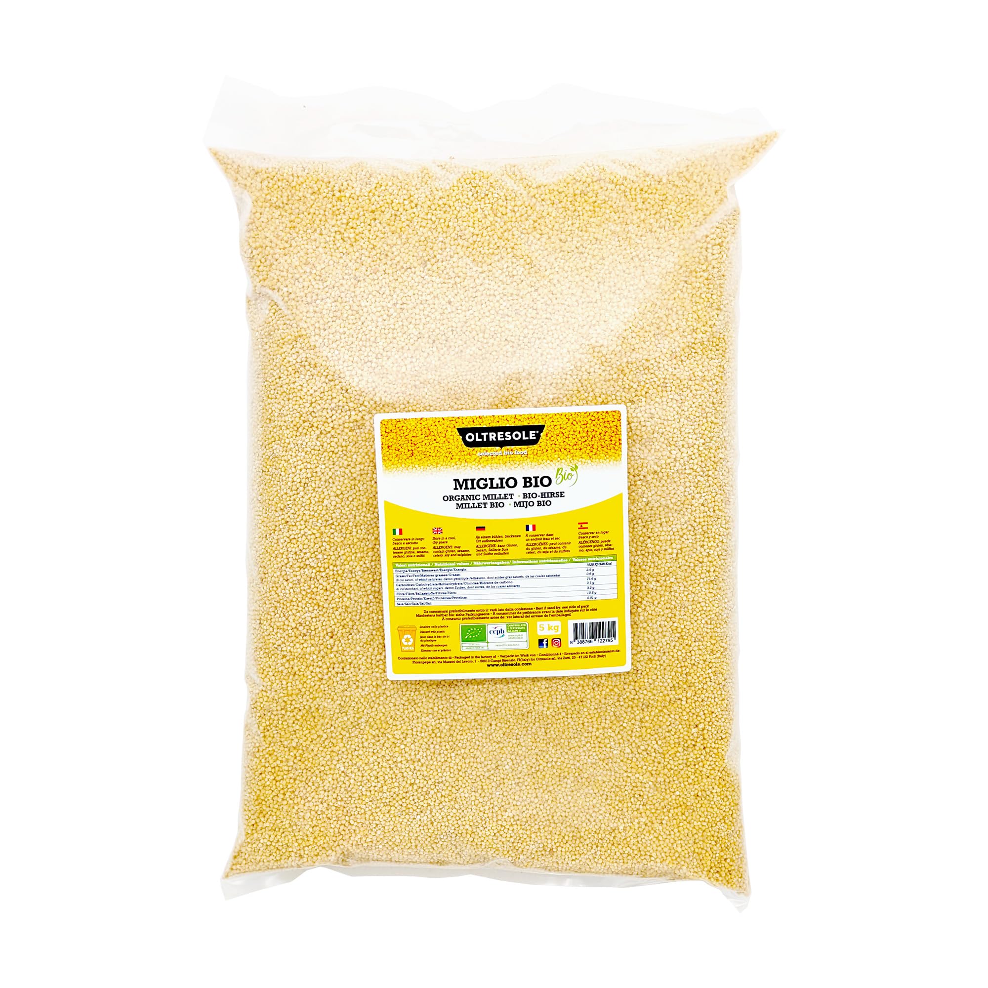 Oltresole, Bio-Hirse 5 kg, Bio-Getreide reich an Ballaststoffen und Mineralien, Gelbe Hirse für Lebensmittel, Convenience-Größe Lebensmittel & Getränke