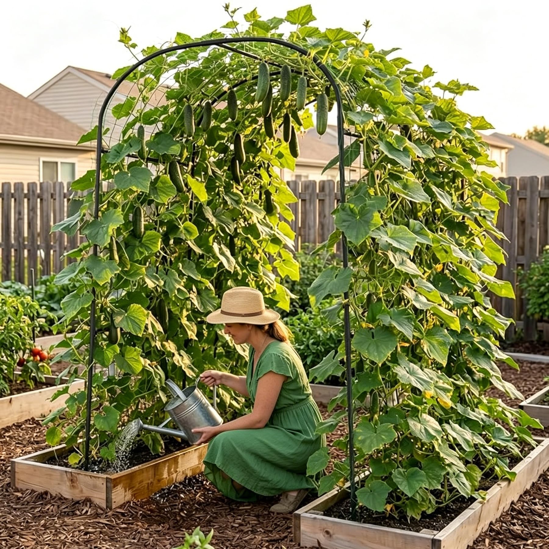 Treillis pour Concombres et Tomates 124 x 220 cm, Support pour Plantes Grimpantes avec Filet et Pinces, Tuteur en Métal Extérieur pour Légumes, Fleurs et Plantes Fruitières