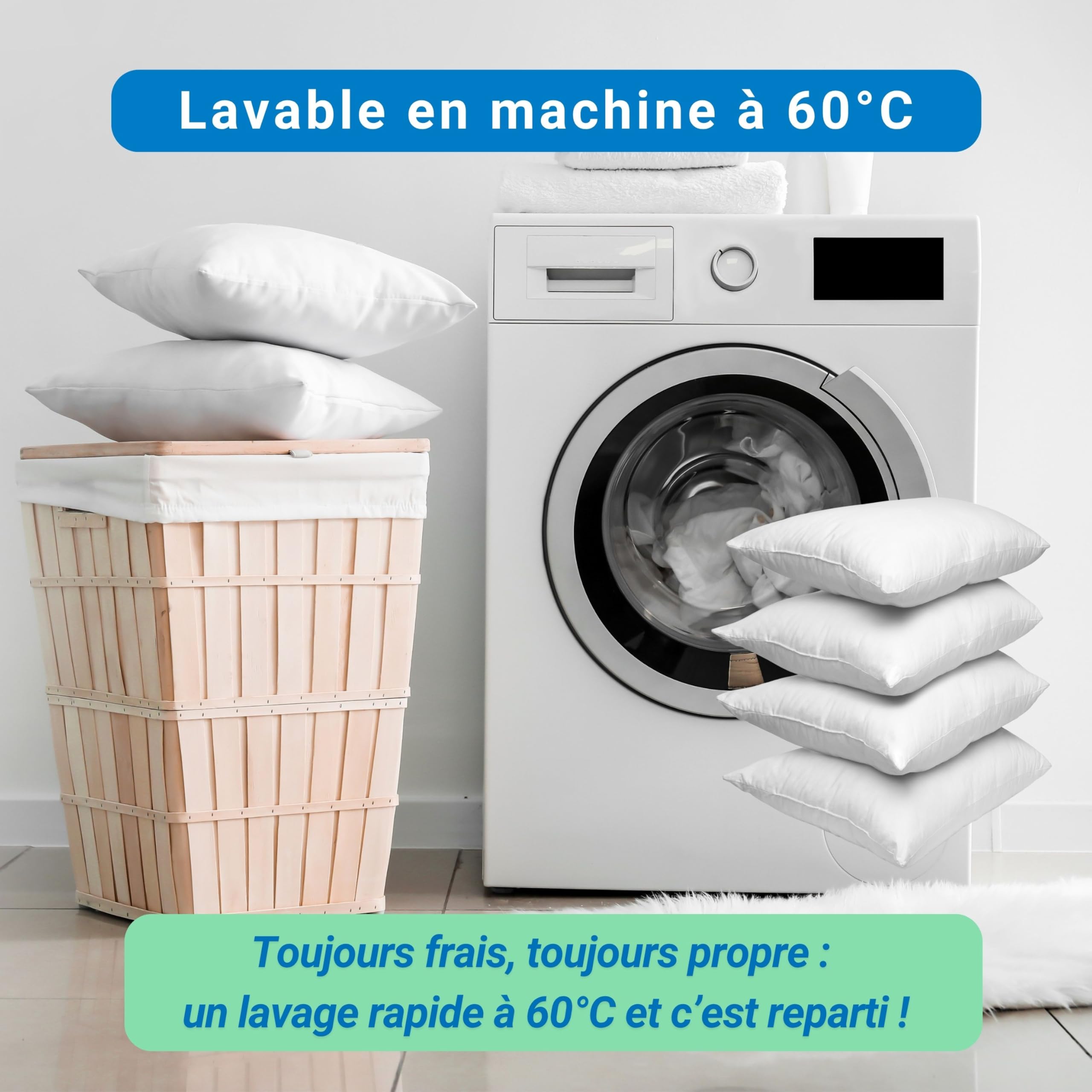 Blue Moon Lot de 4 Oreillers 60x60 Moelleux | Confort Hôtellerie | Fibres Creuses Siliconées 580 g | Housse Microfibre | Lavable en Machine | Hypoallergénique | Fabriqué en Belgique