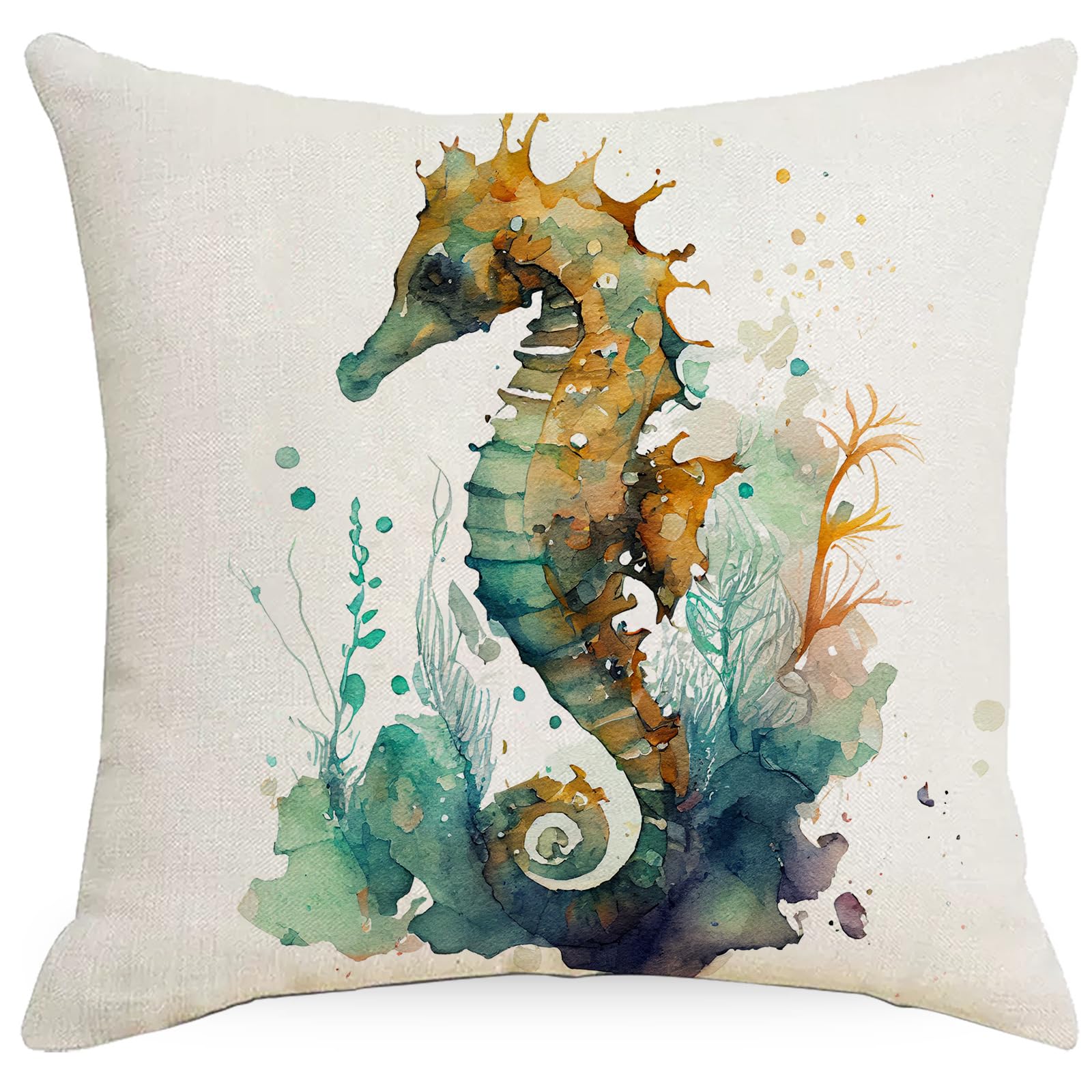 Cushion Covers 50cm x 50cm Seahorse Orange Green Decorative Pillows with Invisible Zipper Garden Cushions Square Linen Scatter Cushions Comfortable Breathable Pillow Cover