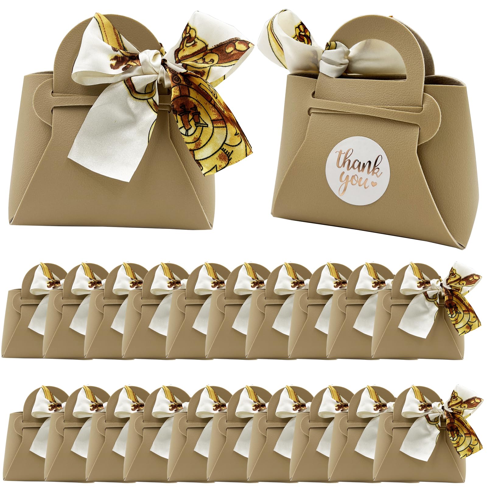 DUGYIRS 20 Pieces PU Leather Gift Bags with Satin Ribbon,Reusable Gift Boxes for Weddings,Birthday,Baby Showers,Candy(Light Brown)