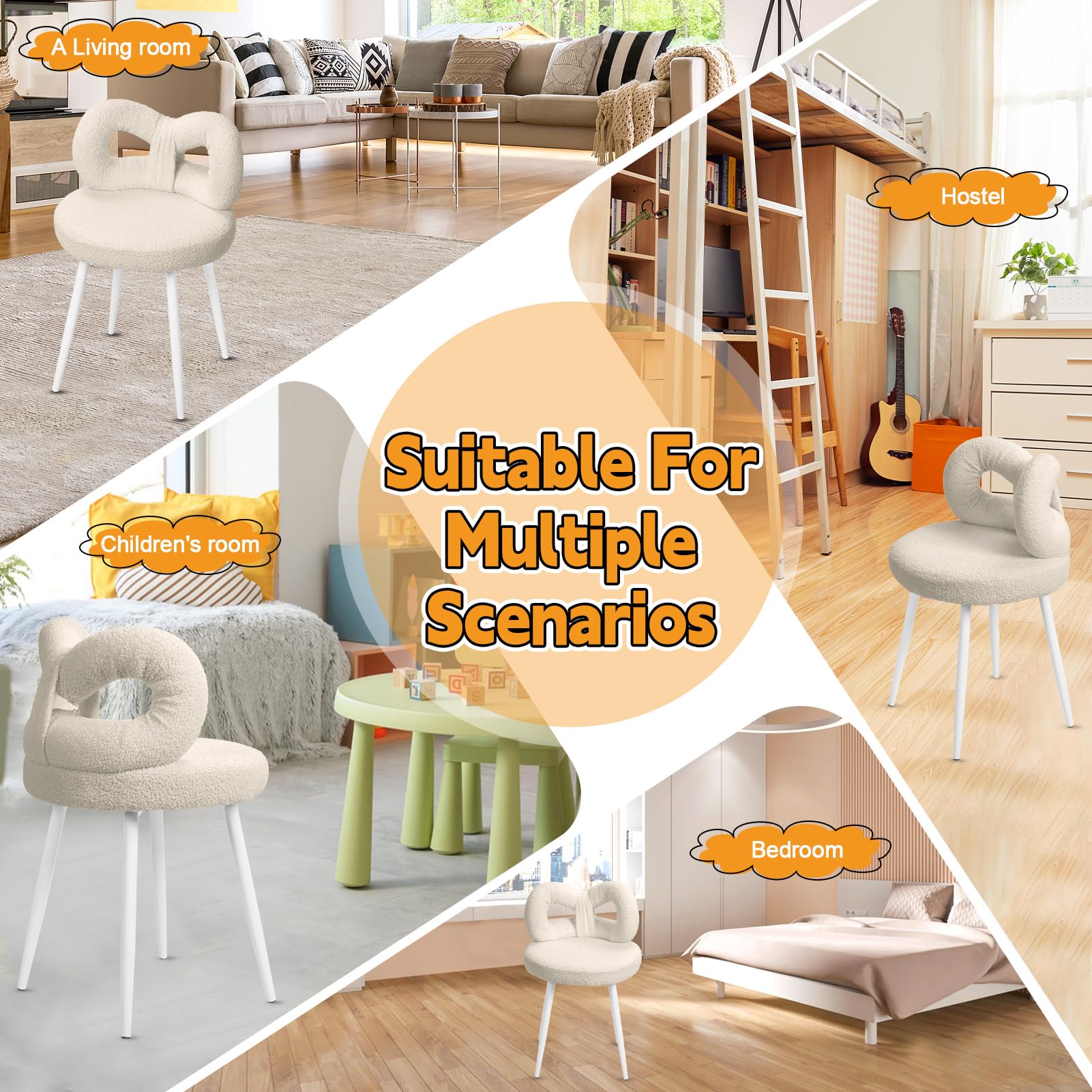 Chaise Coiffeuse avec Dossier Bowknot, Fauteuil Coiffeuse Filles Femmes avec Coussinets de Pied Réglables, Tabouret coiffeuses pour Salon (Blanc)