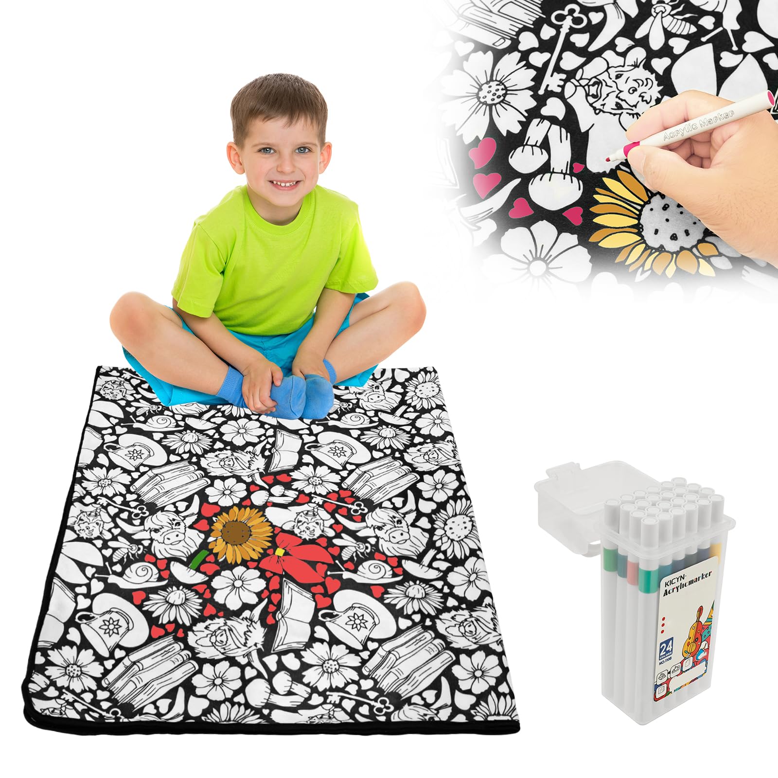 YUNYOUC DIY Colouring Blanket for Adults, DIY Coloring Blankets, Washable Colour Your Own Picnic Blanket with 24 Colors Markers, Creative Stress Relief Activity(Highland Cattle)