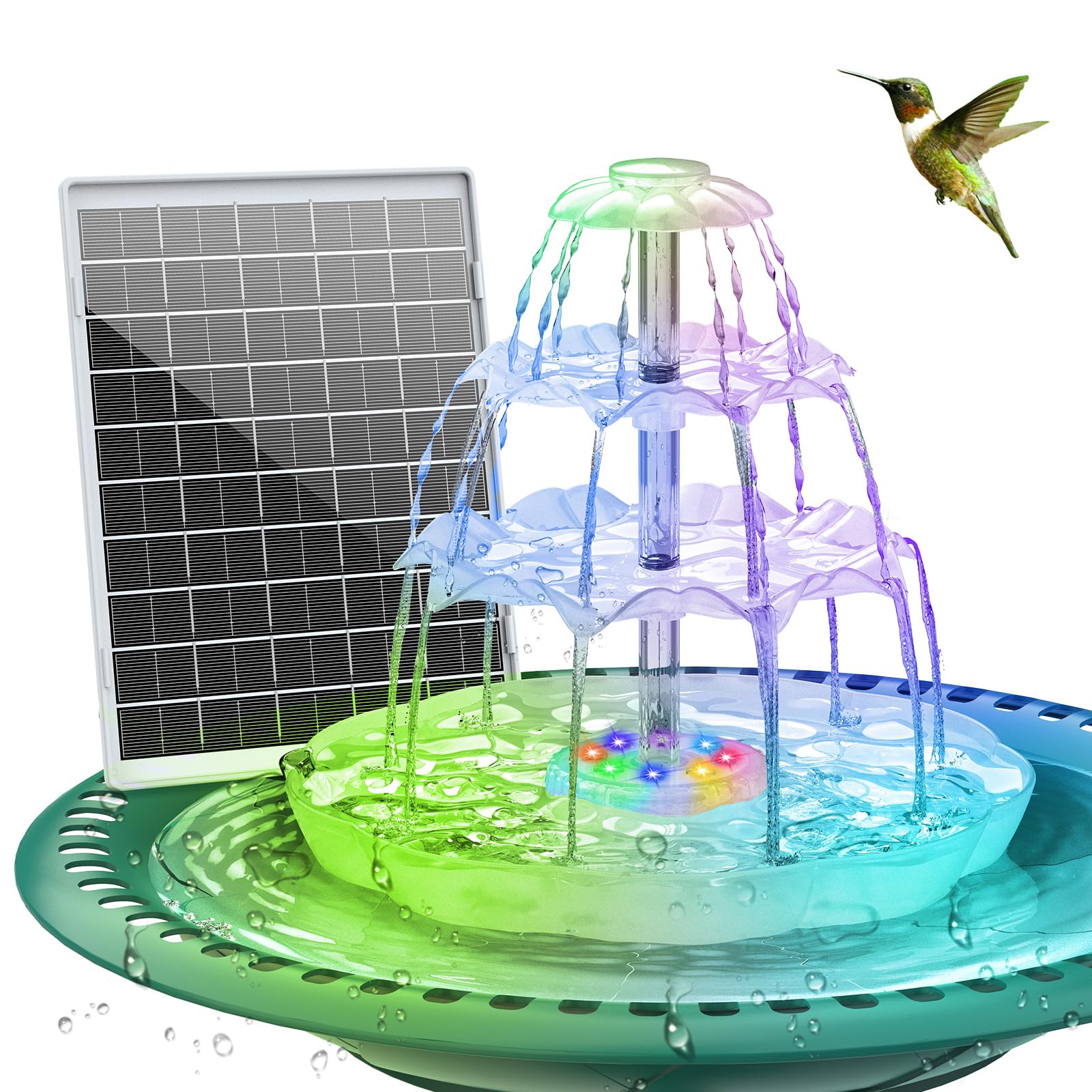 AISITIN Fuente Solar LED 6.5W con Batería, Baño para Pájaros | Batería 1800mAh Comedero 3 Niveles Desmontable Para Jardín Estanque Blanco