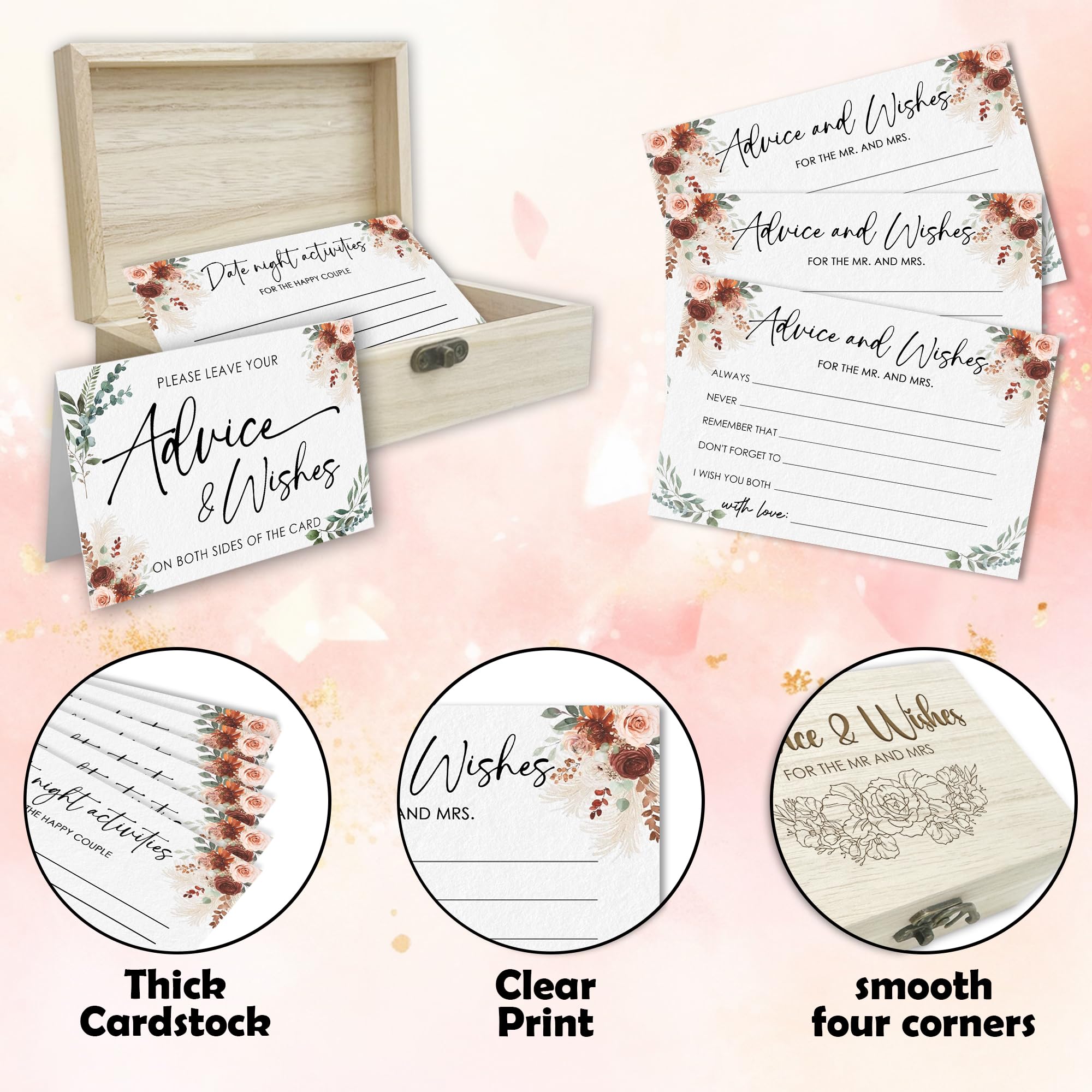 Wedding Advice Cards - Boho Flowers Set with Wooden Box -3
