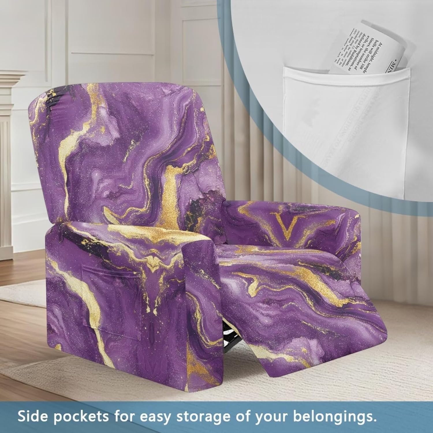 Purple Marble Chair Covers for Recliners with Arms Lazyboy Recliner Covers Non Slip Reclining Slipcovers with Storage Pockets Soft Stretchy Reclining Couch Covers Easy to Install