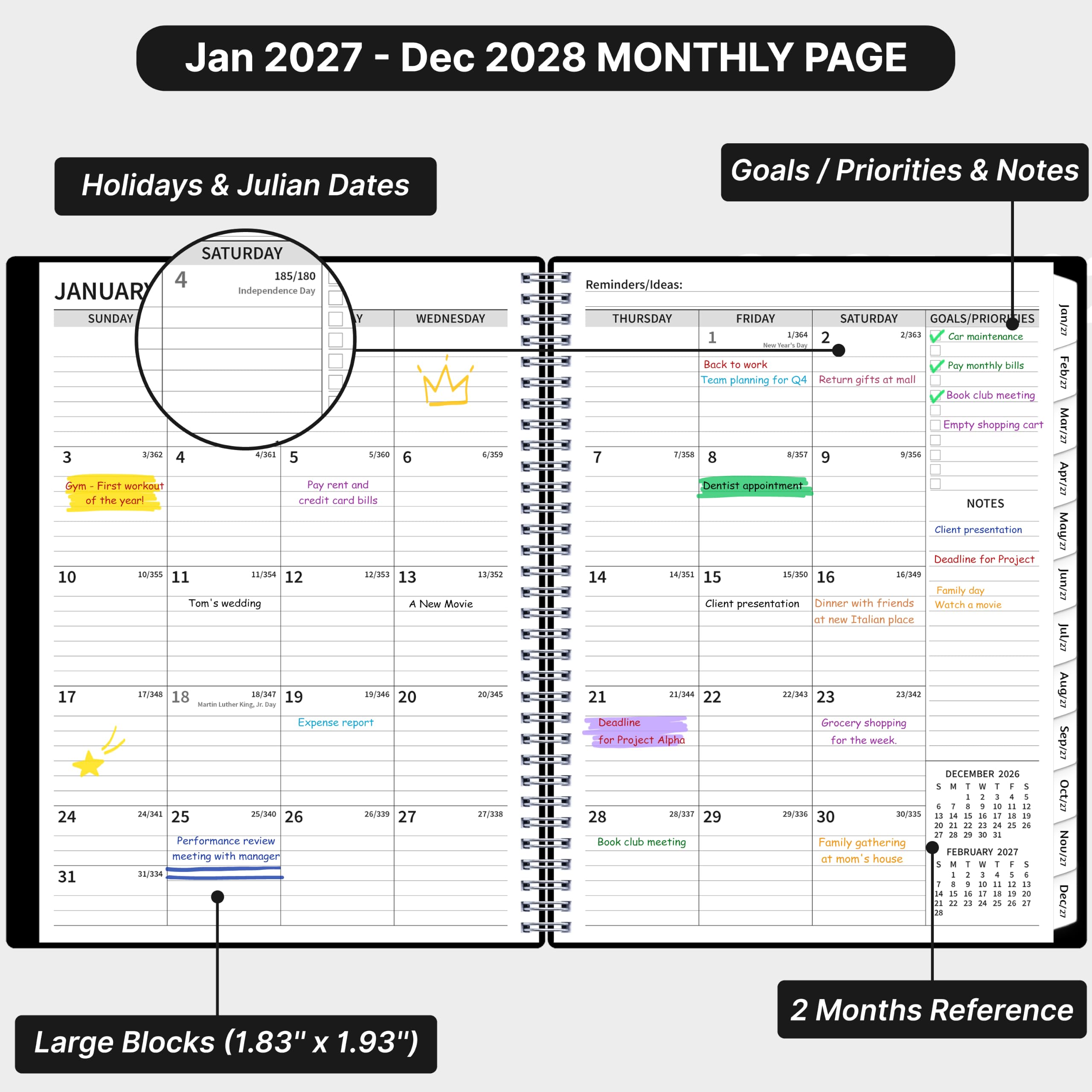 Agenda mensile 2027-2028, calendario 2 anni, da gennaio 2027 a dicembre 2028, 21,6 x 27,9 cm, agenda a spirale grande, 24 mesi, con linguette e tasca, copertina flessibile, organizer per ufficio, casa