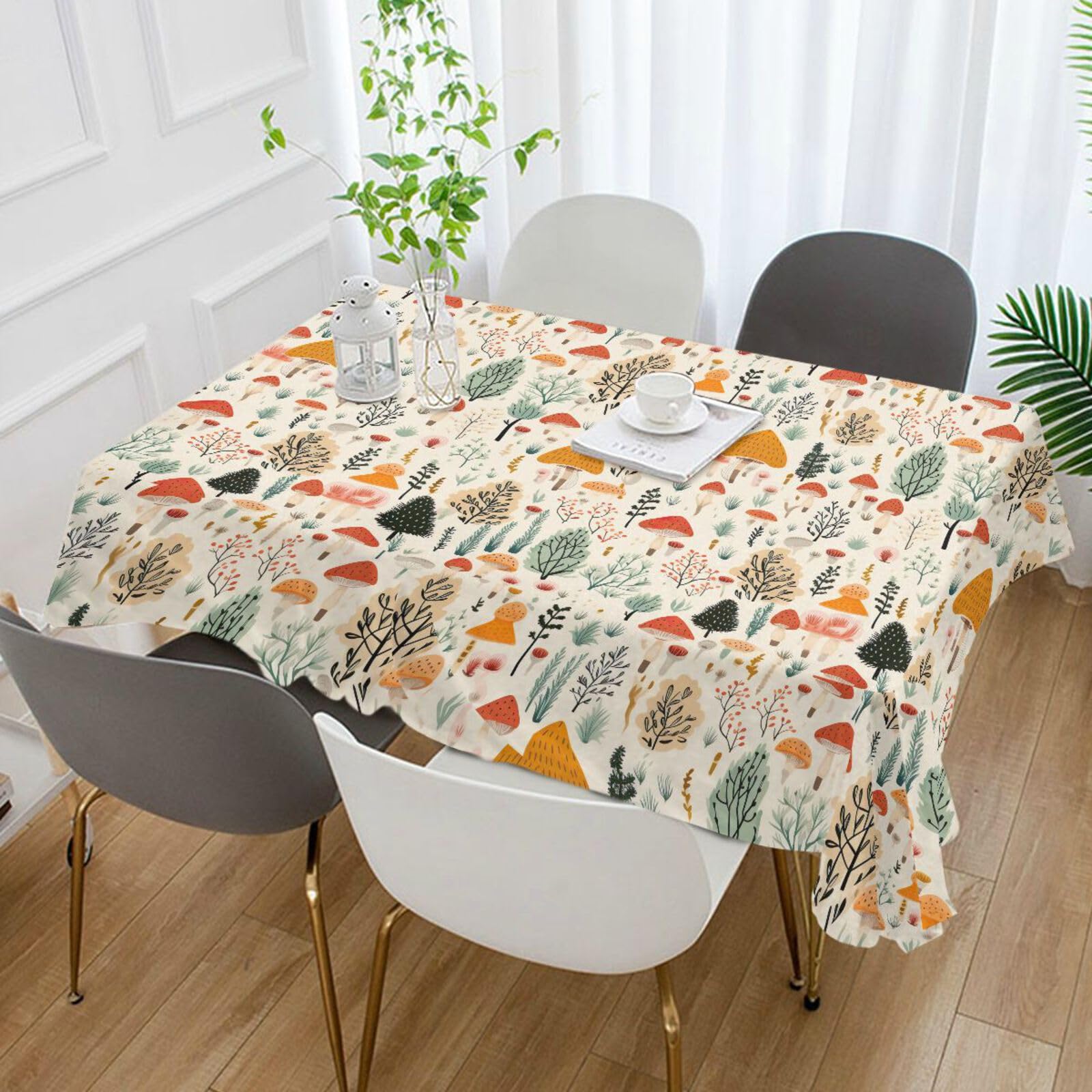 AMmao Beige Forest Mushrooms Tablecloth Square 60 x 60 Inch Washable Table Cloth Fabric Table Covers for Indoor Outdoor Kitchen Party Picnic Dining Holiday Decor