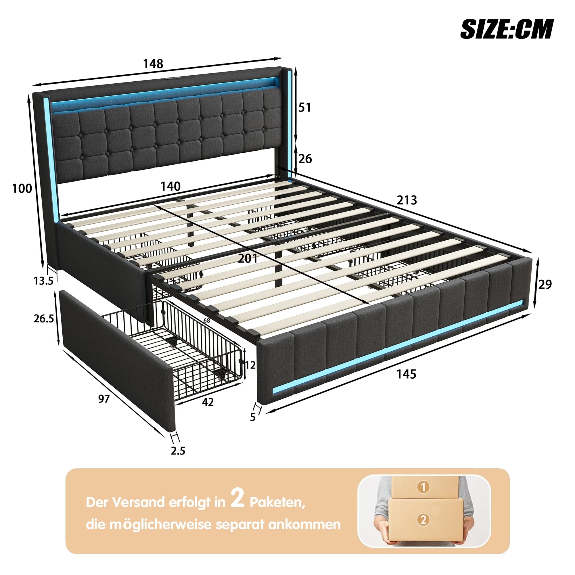 BRILVERDE Polsterbett 140x200 mit Stauraum, Doppelbett mit USB und LED, Jugendbett mit 4 Schubladen, Funktionsbett, Bettgestell mit Lattenrost, Linen (Grau, 140 x 200 cm)