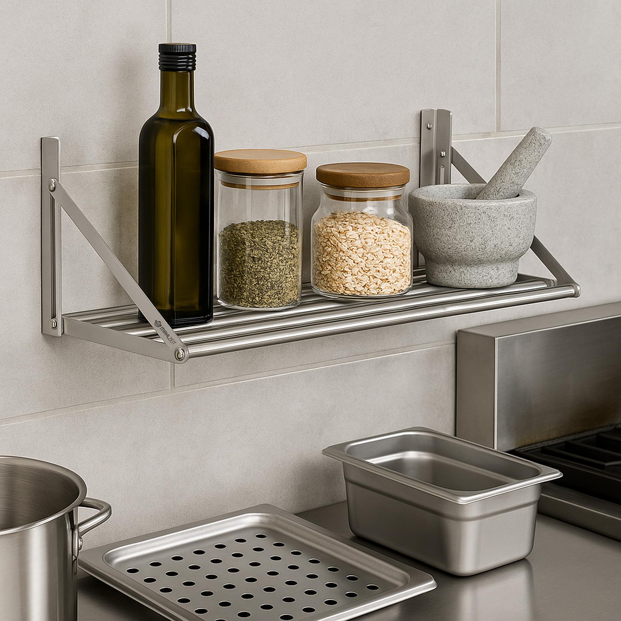 Mahlzeit Edelstahl Wandregal im Stangendesign | 100 x 30 cm | Hängeregal, Klappbar | Silber | Ablage Edelstahl Regal Gastro, Schweberegal