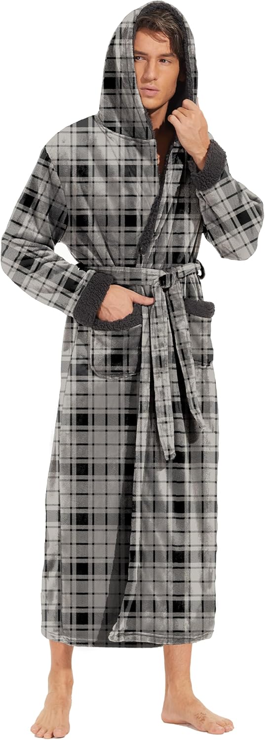 iniber Mens Hooded Robe, Soft Lightweight Plush Robes for Men, Warm Long Fleece Men's Bathrobe with Pockets