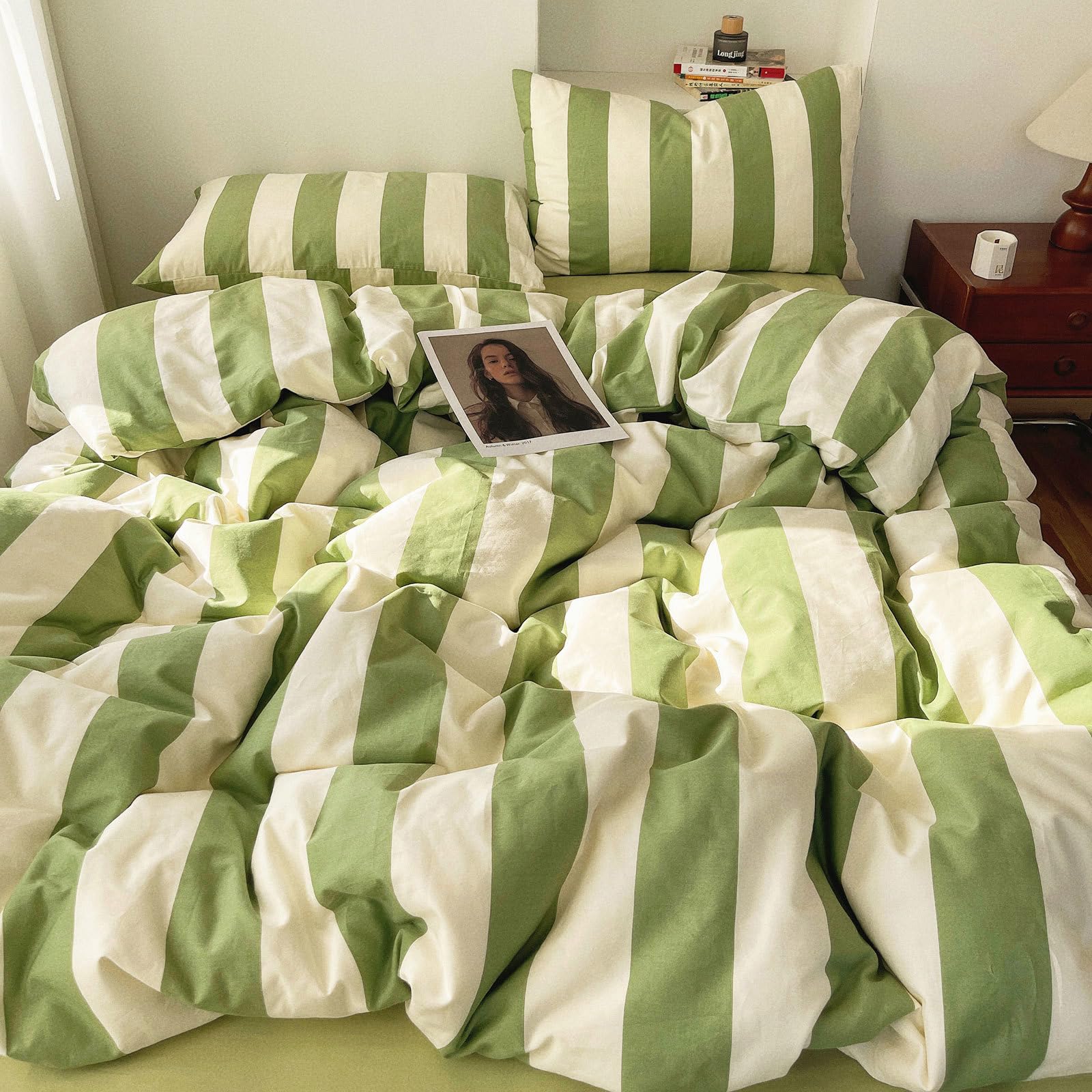 LifeTB Striped Comforter Set Queen Green White Stripes Pattern Printed Comforter 3 Pieces Lightweight Bedding Comforter with 2 Pillowcases Breathable Soft Comfy Farmhouse Striped Comforter Set โ image 1