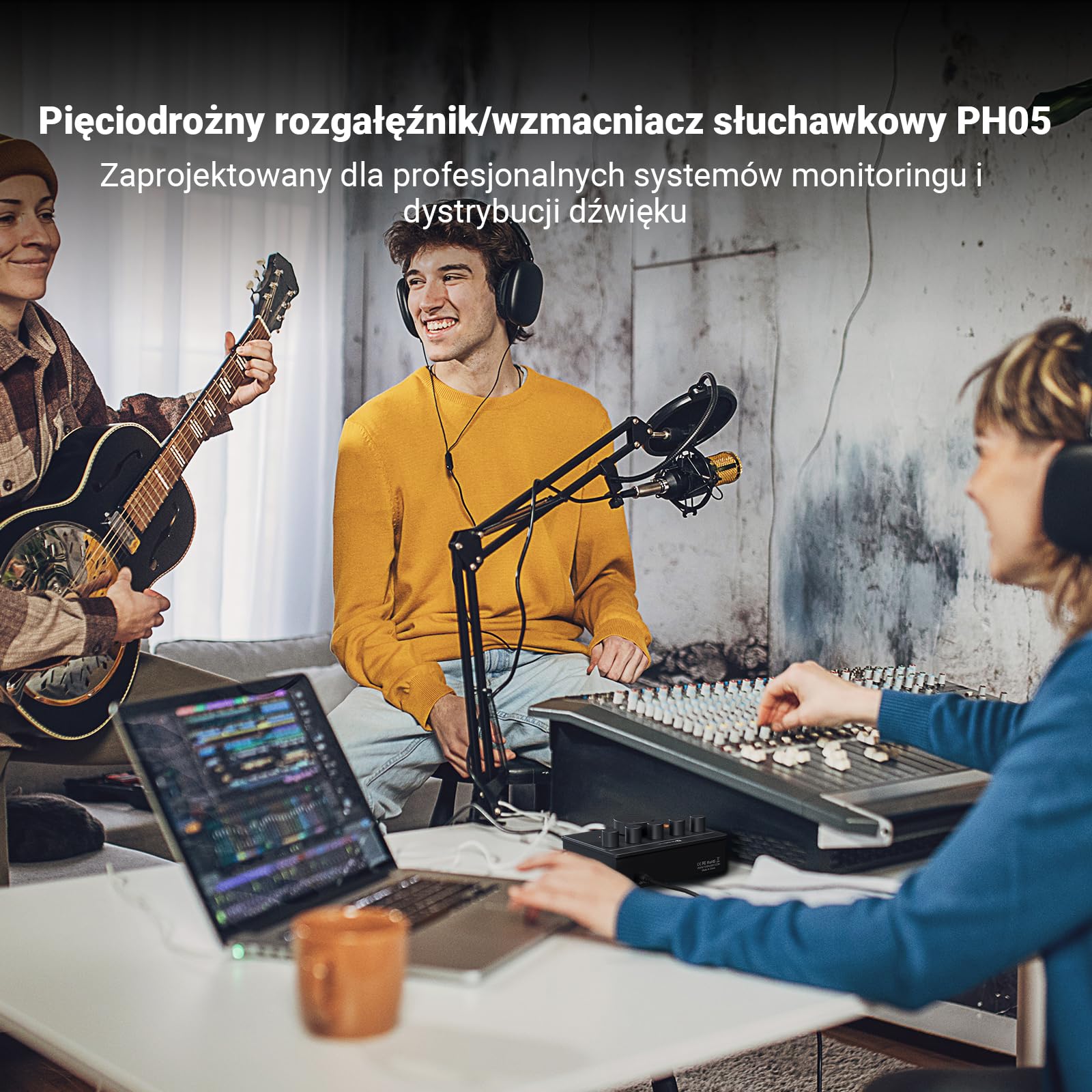 Fosi Audio PH05 5-kanałowy wzmacniacz słuchawkowy z rozgałęźnikiem, mini wzmacniacz słuchawkowy do miksera studyjnego/udostępniania dźwięku z IEM o wysokiej impedancji 16–300 omów