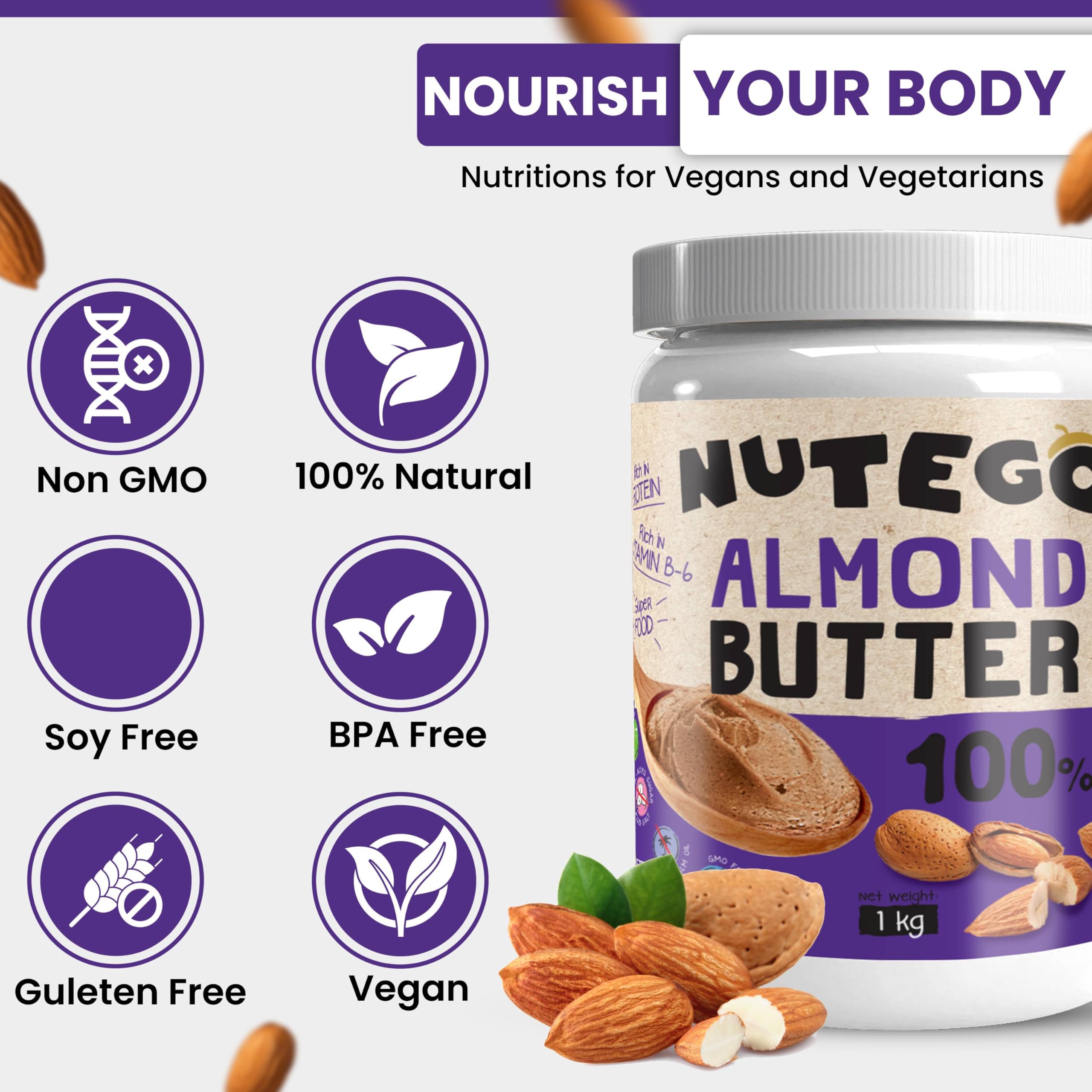 Nutego 100% Beurre d'Amande Crémeux 1 KG – Farine d'Amande Pure – Sans Additifs, Sans Sel, Sucre, Huile de Palme – Végan, Sans Lactose, Sans OGM