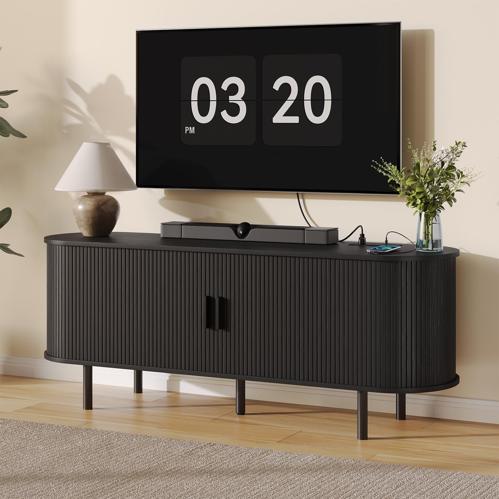 63" TV Stand with Storage for TVs up to 70", Fluted Entertainment Center with Power Outlet, Modern Media Console with Sliding Door, Adjustable Shelves (Black, 55 Inch)