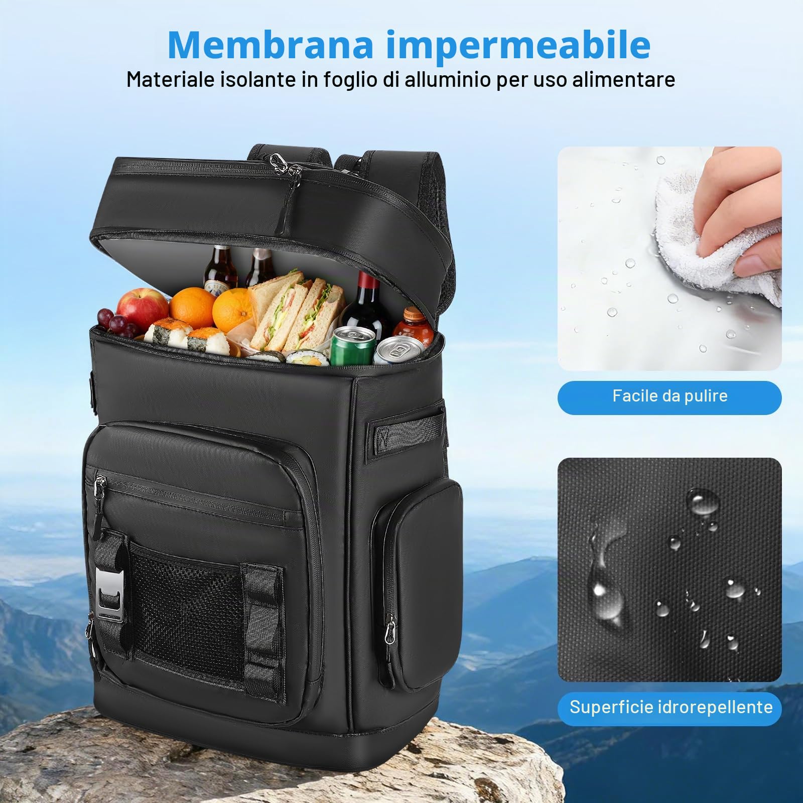 Grande zaino termico impermeabile, capacità 48 lattine, zaino da campeggio isolato con cinghie portatili, borsa termica a prova di perdite, per spiaggia, picnic, escursionismo, 30 l, nero