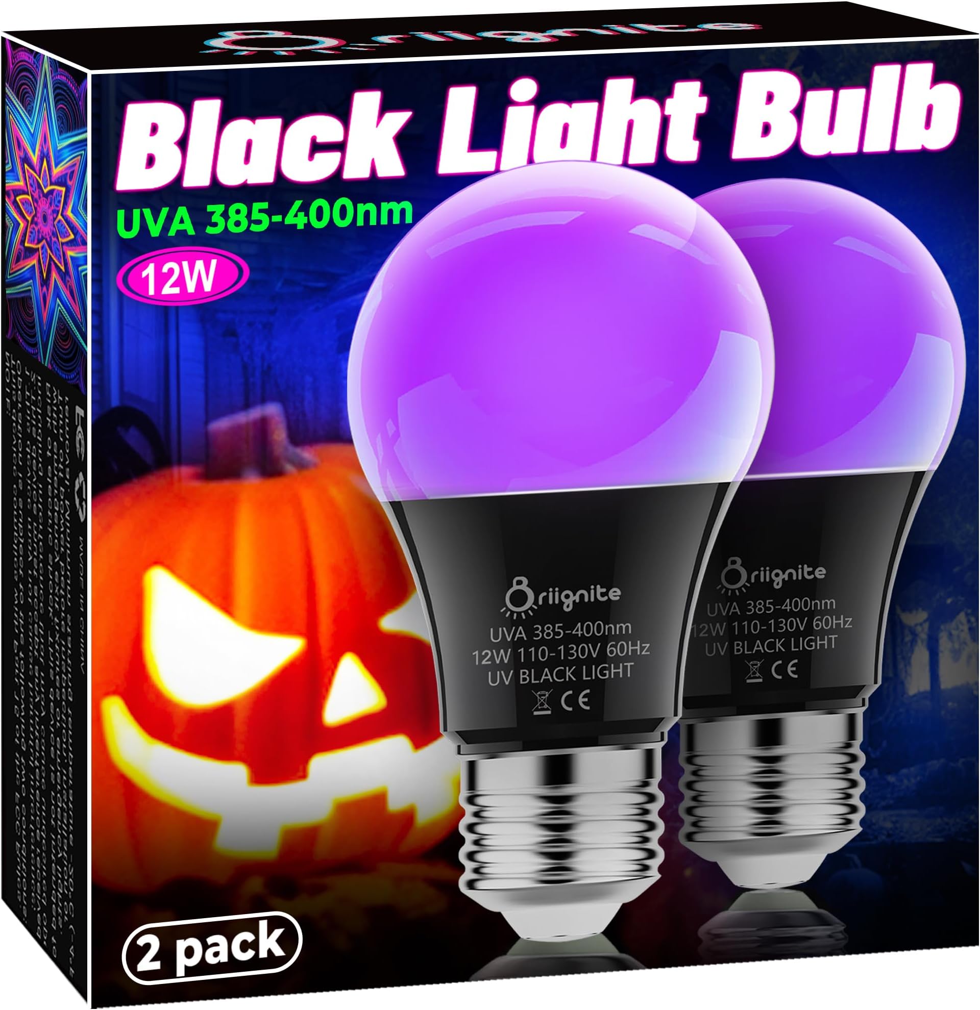 Briignite Black Light Bulbs, 12W LED Black Light Bulb for Halloween Decoration, UVA 385-400nm UV Black Light, A19 Blacklight Bulb for Glow in Dark, Body Paint Fluorescent Poster Glow Party, 2 Pack