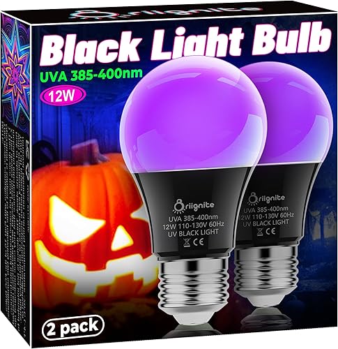 Bombillas led de 12 W con luz negra para decoración de Halloween, luz negra UV 385-400 nm, bombilla A19 fluorescente que brilla en la oscuridad,