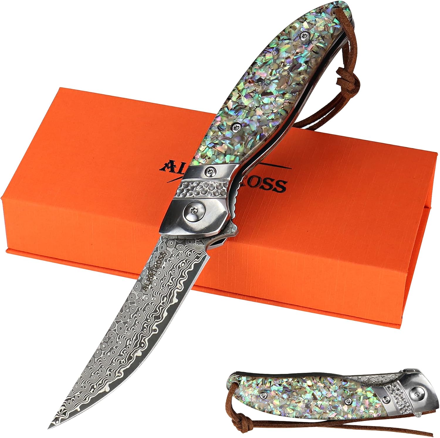 ALBATROSS Premium Damascus Pocket Knife - EDC Folding Knife with Abalone Shell Handle, Ball Bearing Opening, Liner Lock System - Everyday Carry for Outdoor, Hunting, Collection - HGDK028-AS