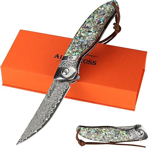 ALBATROSS Cuchillo de bolsillo de damasco premium – Cuchillo plegable EDC con mango de concha de abulón, apertura de rodamientos de bolas, sistema