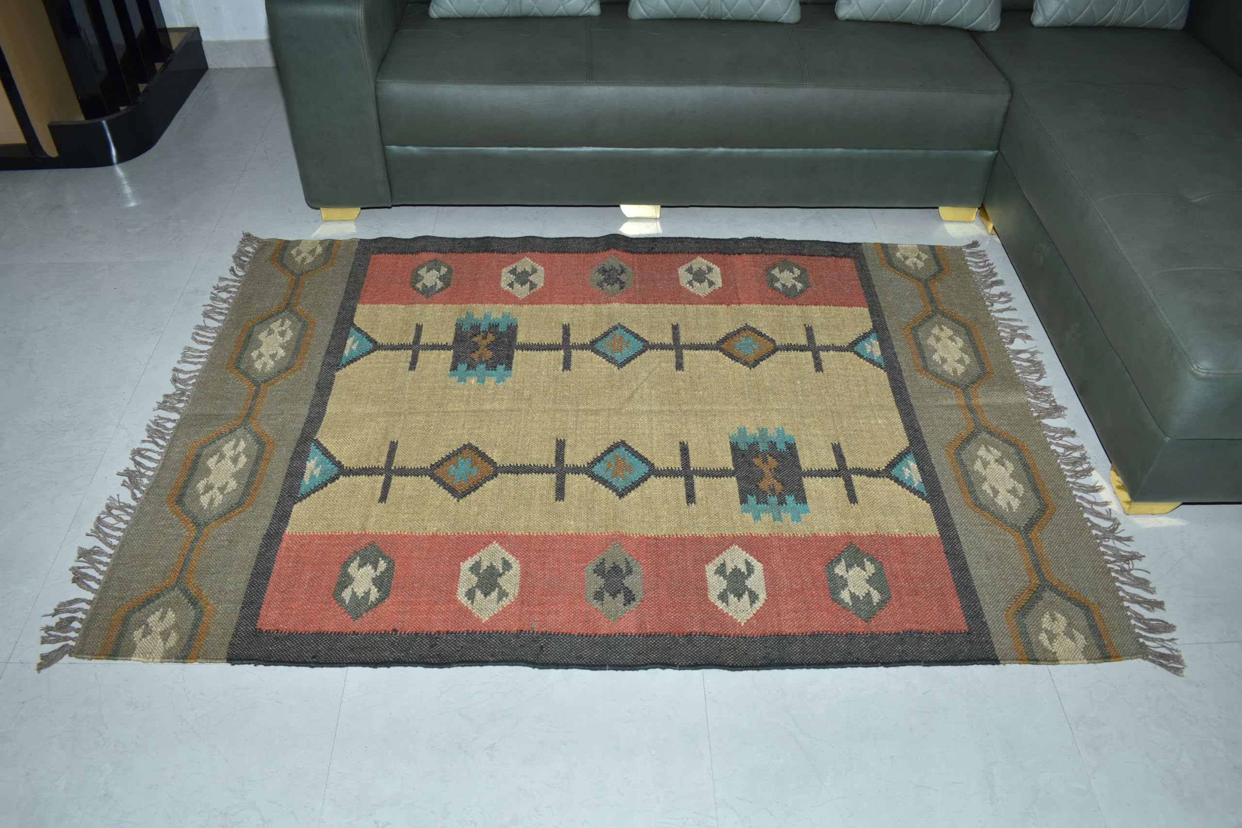 Tappeto in lana e iuta Kilim dall'aspetto rustico per soggiorno, camera da letto, sala da pranzo, tessuto a mano (90 x 150 cm)