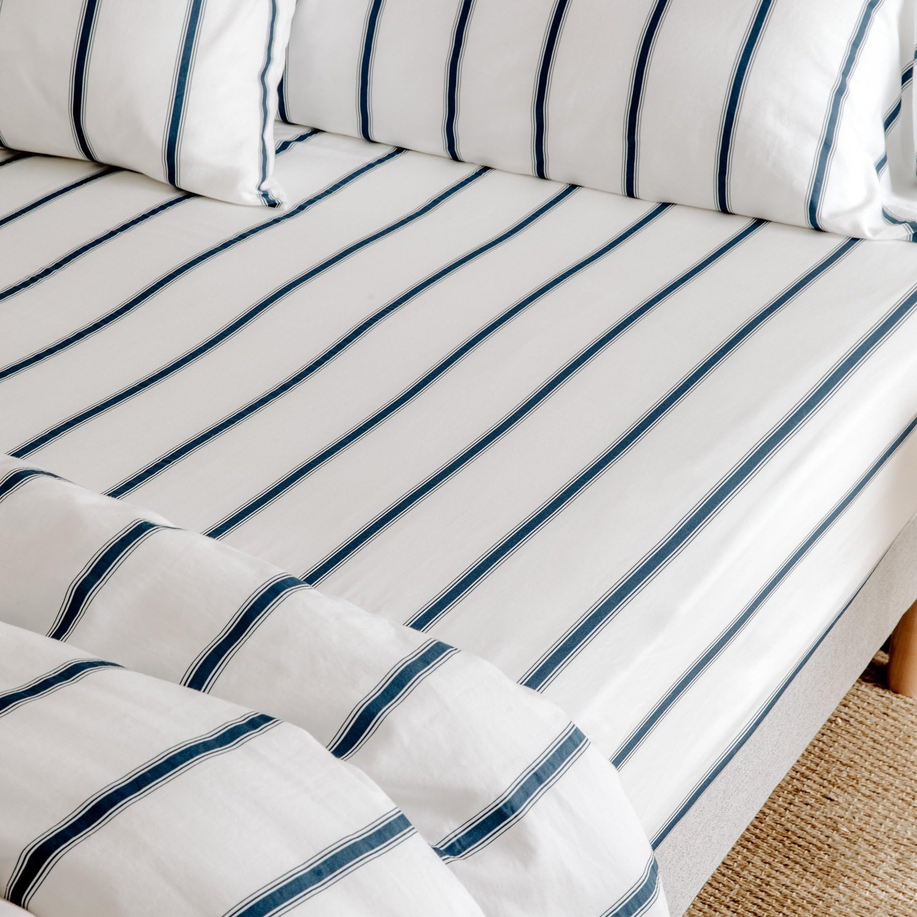 Kadolis - Sábana Bajera Adulto 160x200 cm Baïa Algodón Ecológico Rayas - 100% Algodón Ecológico Gots - Funda de colchón de 30 cm de Grosor - Estampado de Rayas - Ropa de Cama Made in Portugal