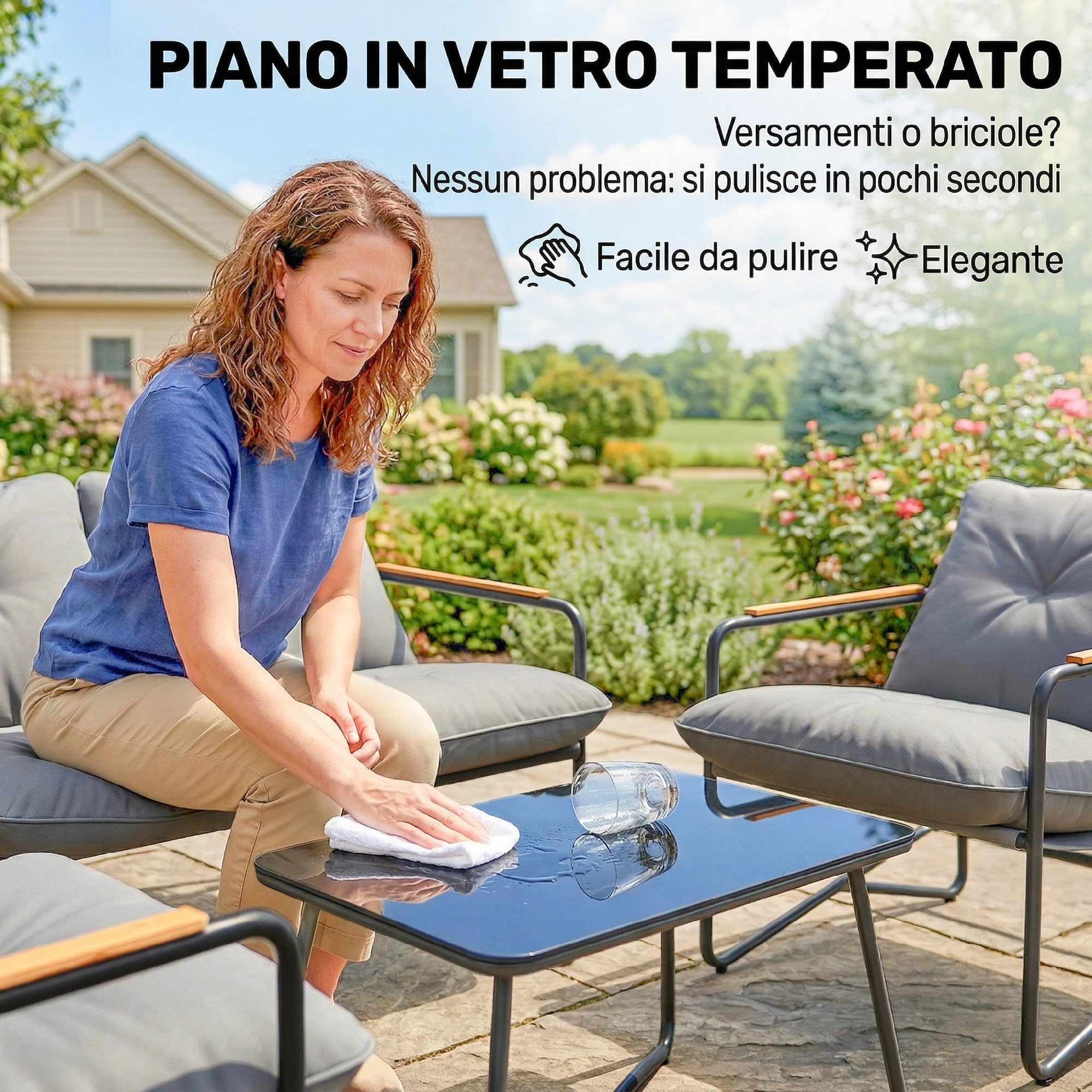 Outsunny Set Salotto da Giardino 4 Pezzi, Mobili da Esterno in Metallo con Divano 2 Posti, Poltrone e Tavolino in Vetro, Grigio Chiaro