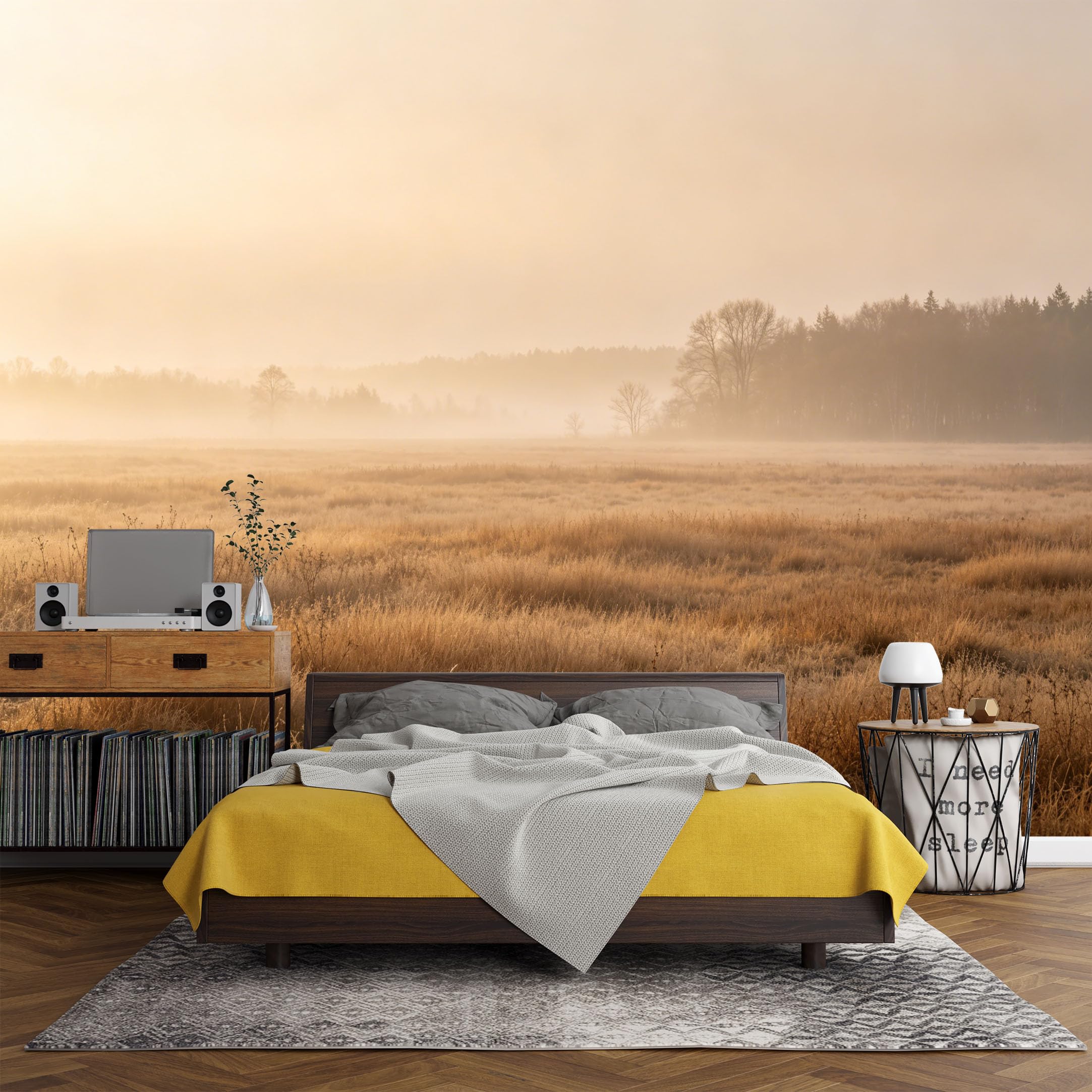 Custom Size Wall Mural， Landscape Golden Meadow Morning Fog Forest Horizon，SelfAdhesive Art Prints wall Fabric (No PVC) Removable Wallpaper Living Room Decor