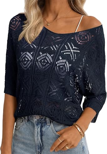 QUALFORT Womens Crochet Tops Scoop Neck 3/4 Sleeve Hollow Out | Viscose Open Knit Pullover Sweater, Wide Neck Two Ways To Wear, Classic or Off Shoulder Beach Cover Up Look