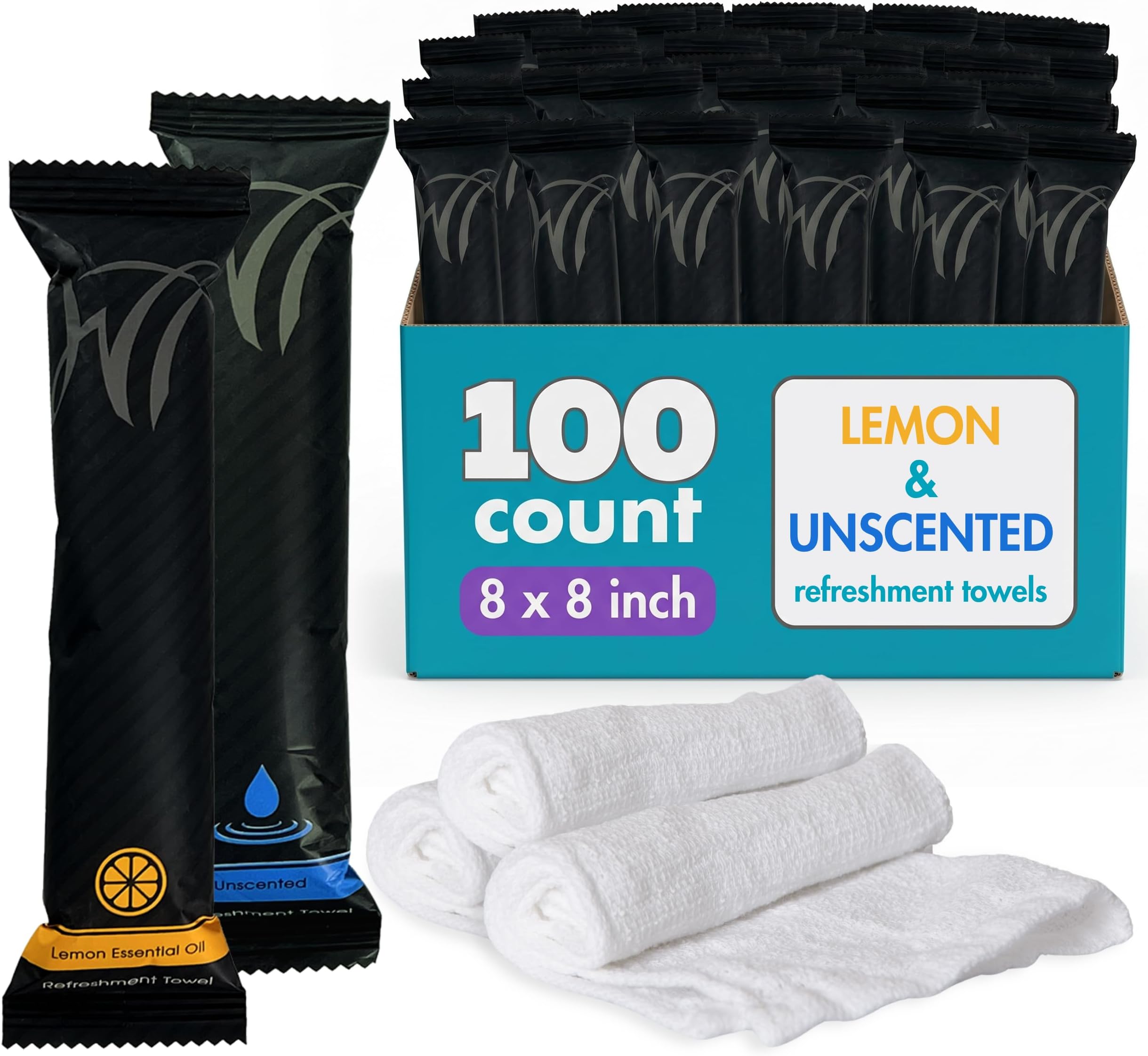 White Towel Services 8" x 8" inch Moist Cotton Towel Individually Wrapped - Lemon and Unscented (Case of 100) - Single-Use Oshibori Style Cotton Hospitality Towels