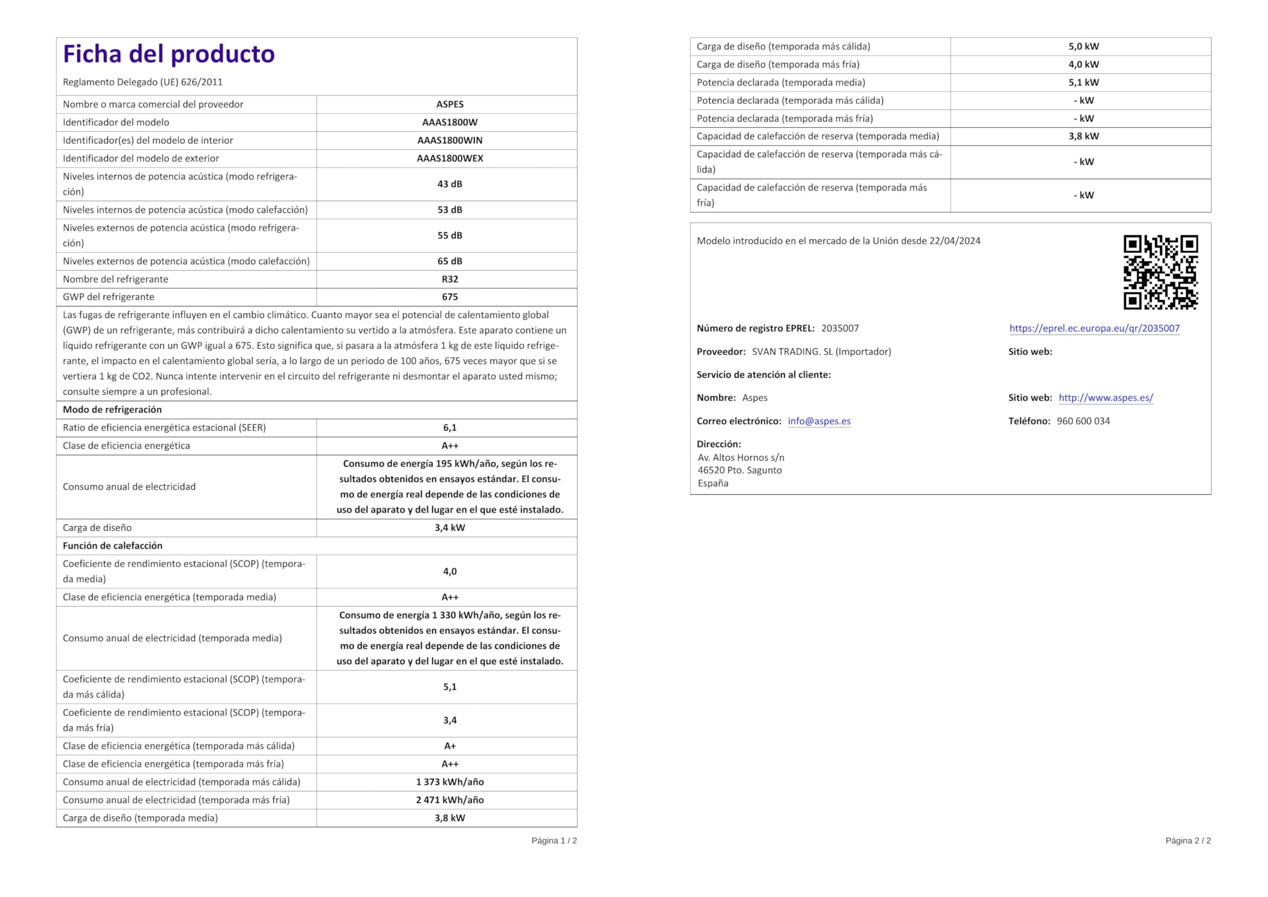 Aspes Aire Acondicionado Split, 18000 BTU AAAS1800W. Bomba de Calor, Temporizador, Clasificación Energética A++