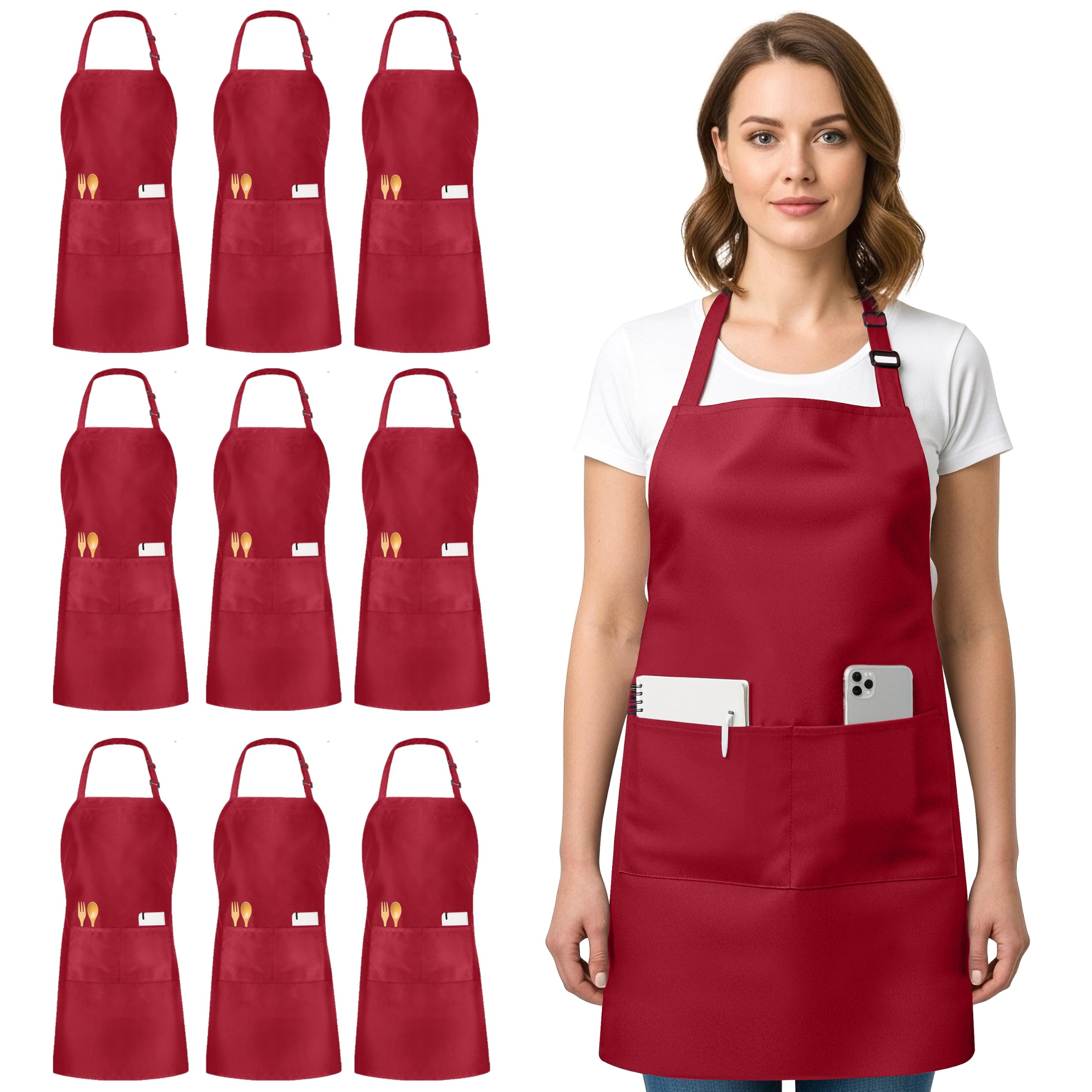 Utopia Kitchen Confezione da 10 grembiuli a pettorina regolabili con 2 tasche, resistenti all'acqua e all'olio, grembiule da cucina da chef per donne e uomini
