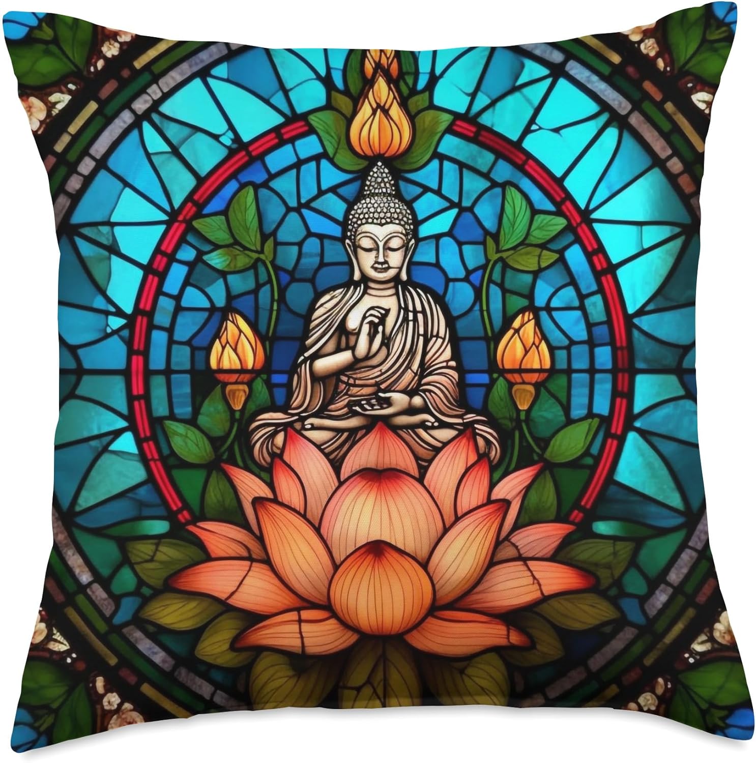 Lotus Flower Buddha Stained Glass Lotus Blossom Meditation Throw Pillow