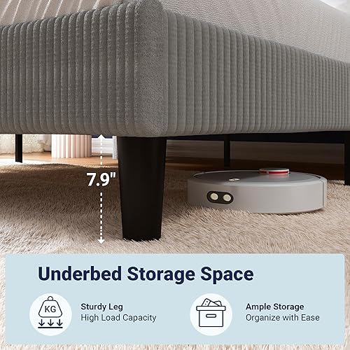 Miniatura 6 de Allewie Base de cama tamaño Queen con cabecera tapizada con respaldo de ala, cama de plataforma de terciopelo de pana de canal vertical, soporte de