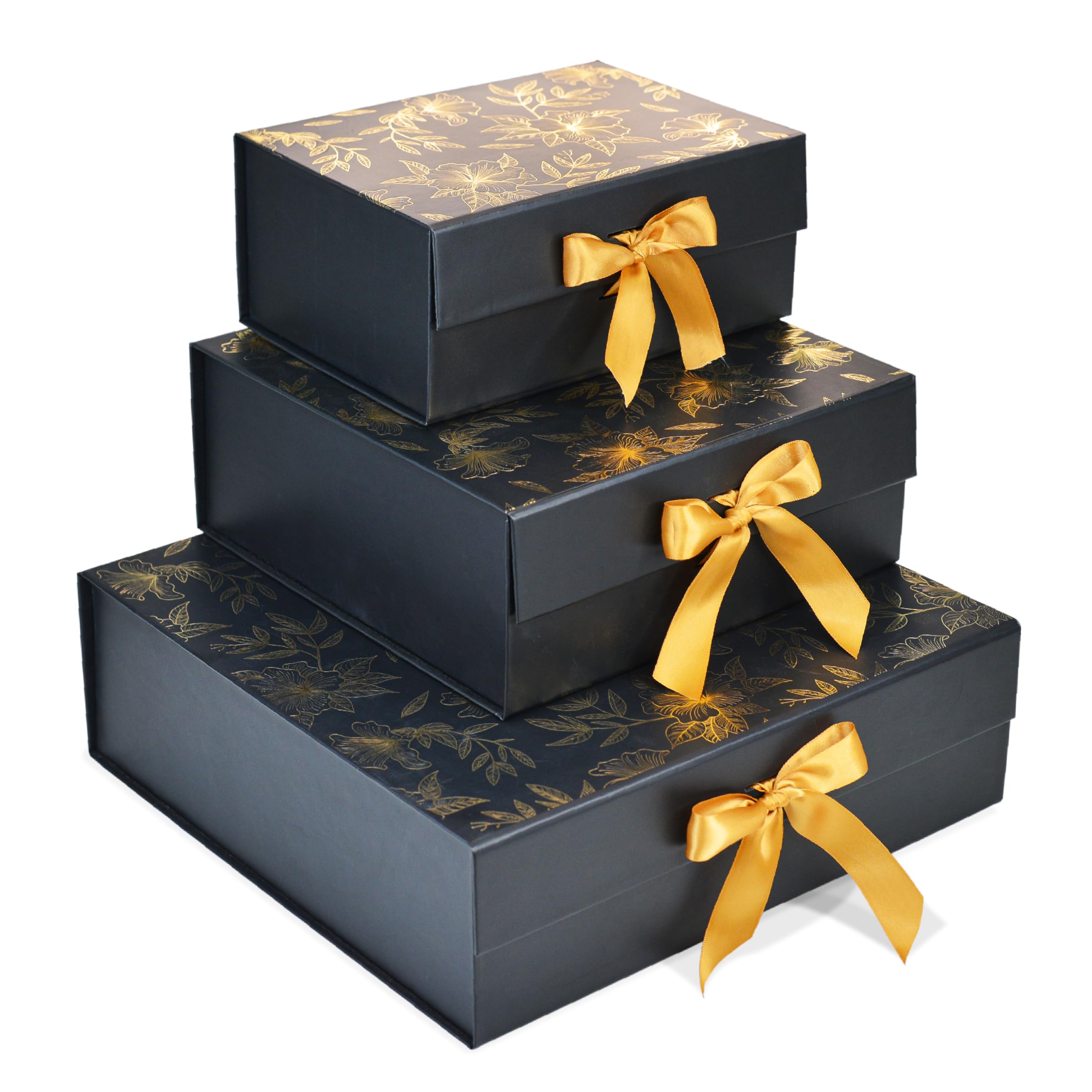 RBS® - Black Gift Boxes Combo Set (3 Pack) with Satin Ribbon | Small, Medium & Large Hamper Boxes for Gift Packing, Return Gifts, Saree Packaging Decorative Floral Empty Gift Box (S, M, L)