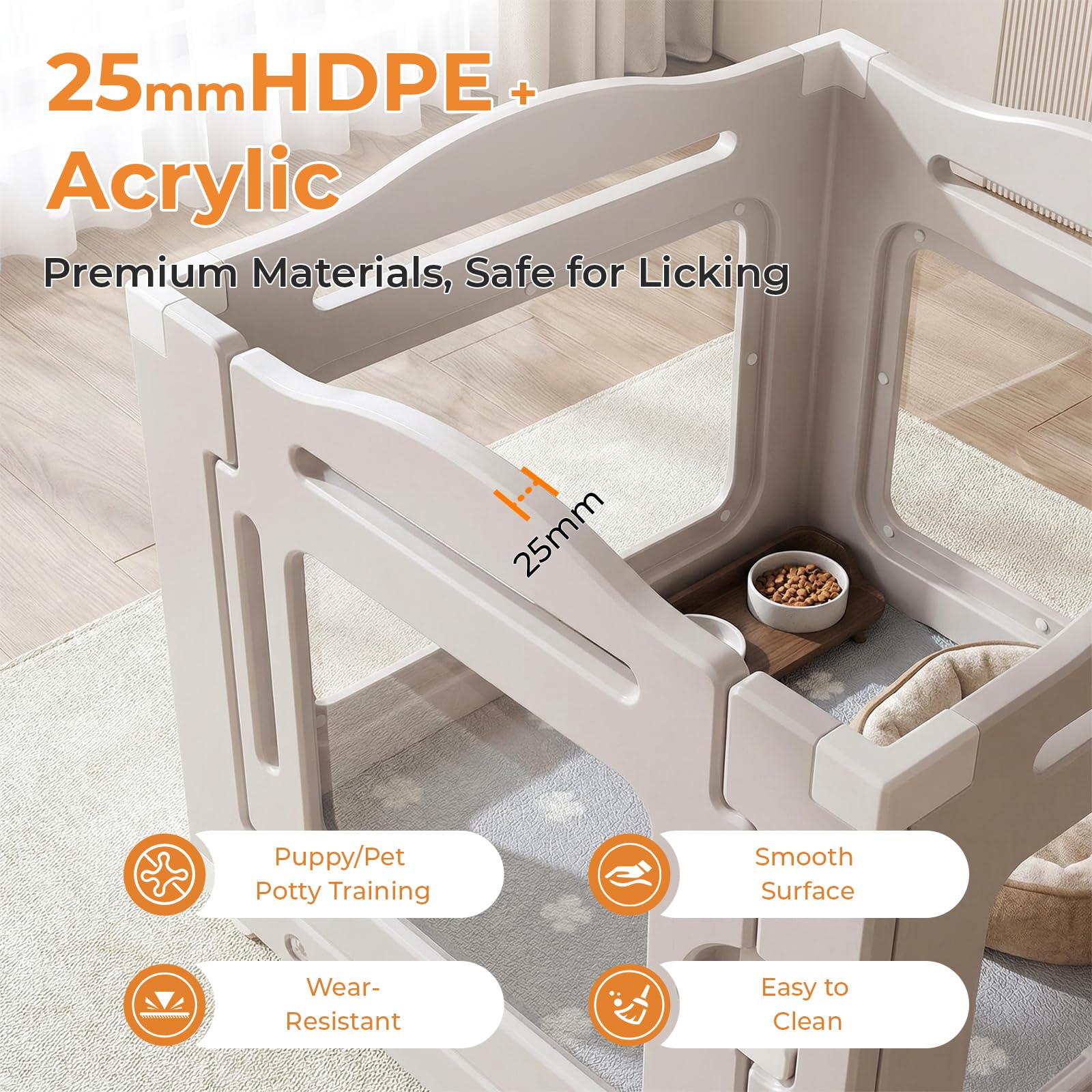 MAMIZO Parque para Perros Acrílico 63 × 68 cm, Recinto Perros con Ruedas | 3+1 PCS Paneles Caja de Parto para Animales con Alfombra Impermeable y Base, Gris Cálido
