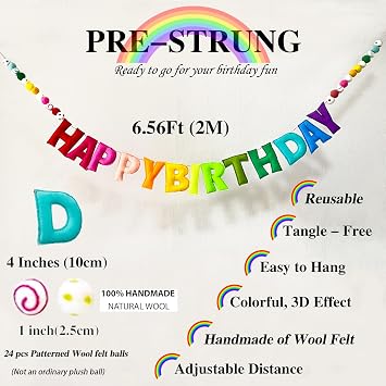 Pre-Strung Happy Birthday Banner - Felt Ball Garland - Reusable HAPPY BIRTHDAY Garland, Rainbow Party Decorations, Personalized Holiday Sign for Party Decor, Kids Room Decor, Photo Prop (Rainbow)
