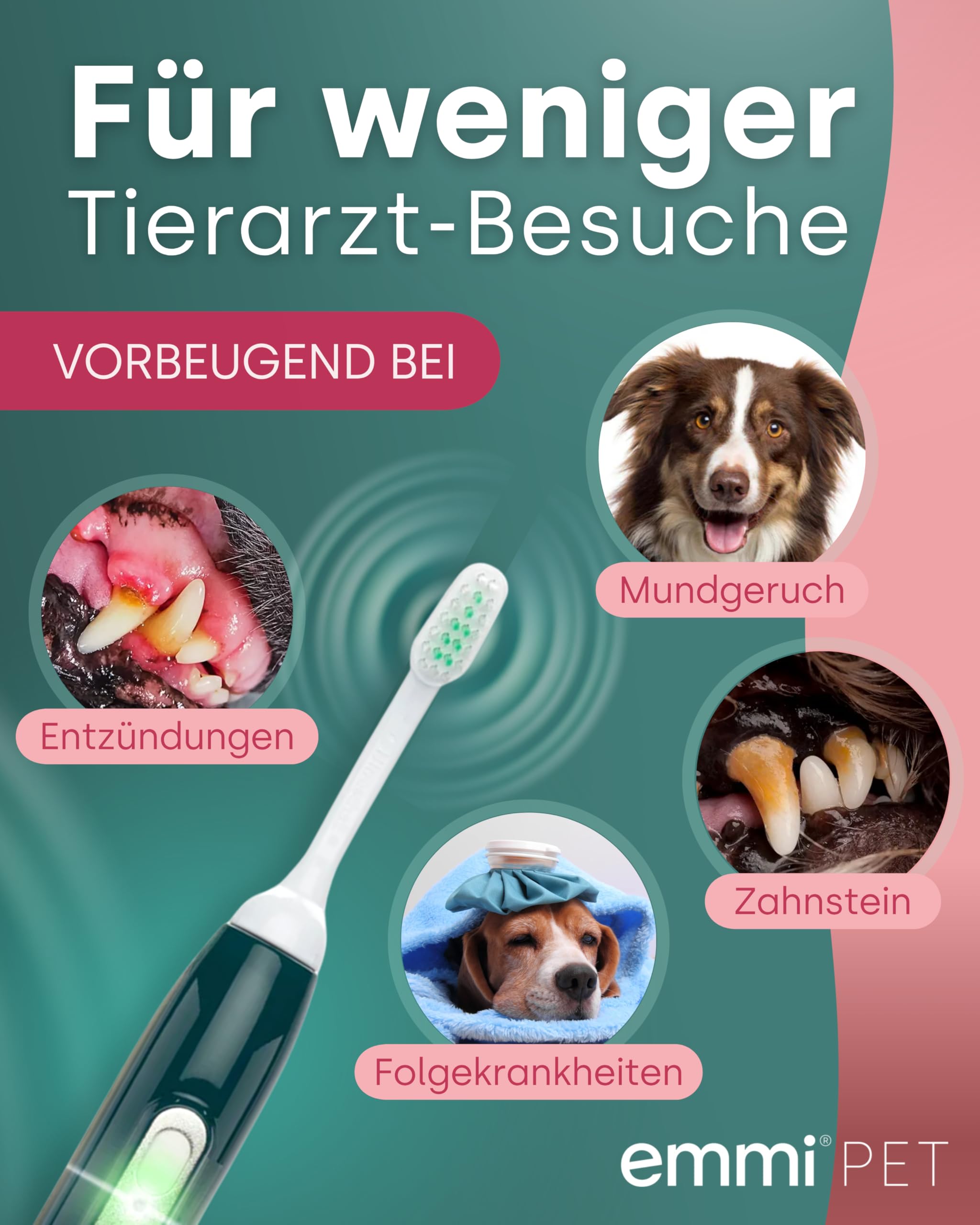 emmi-PET 2.0 Ultraschall-Zahnbürste für Hunde I Geräuschlose Hundezahnbürste reduziert Plaque & beugt Zahnstein vor I Schonende Zahnpflege ohne Schrubben I Zahnpflege Set inkl. Zahnpasta & Aufsätzen