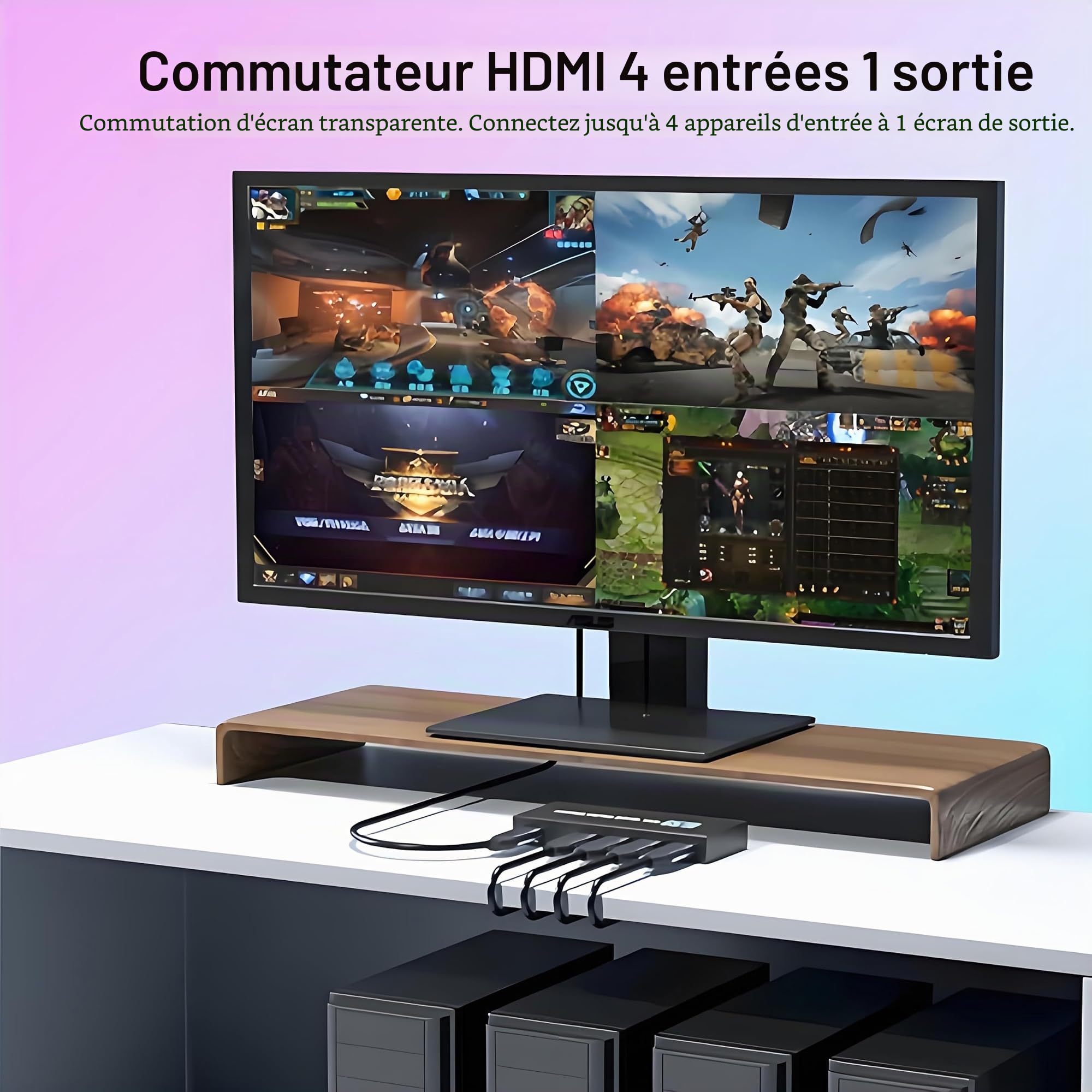 HDMI Multi-Viewer 4X1, Commutateur Transparent 4 en 1 Sortie, Commutateur Quad Multi Viewer avec télécommande IR, Prend en charge 4K@30Hz, 1080P@60Hz, 5 modes d’affichage pour caméra, consoles de jeux